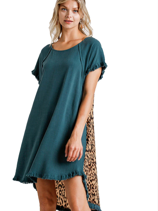 Color block Linen Blend Round Neck Leopard Print  Dress