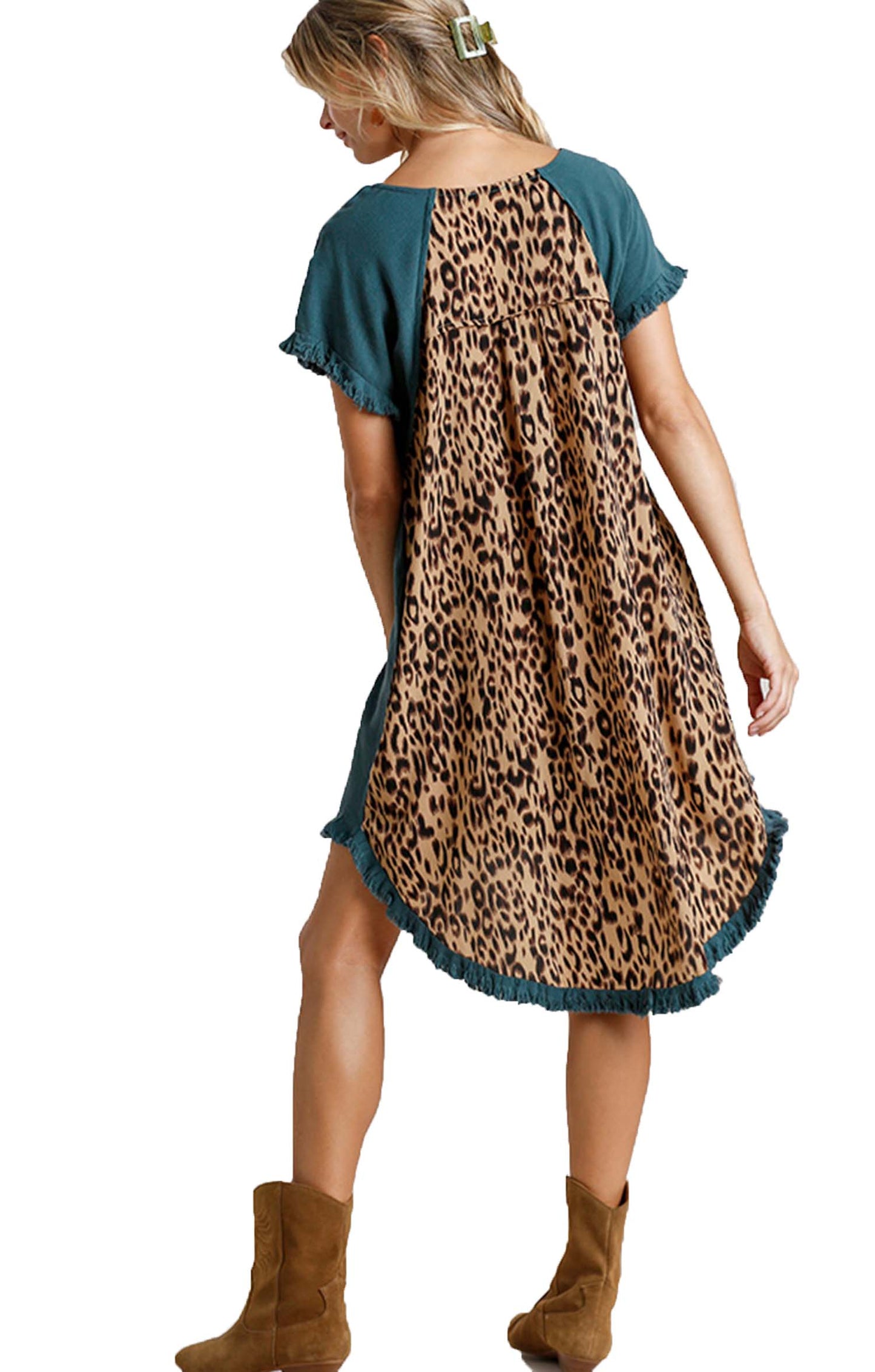 Color block Linen Blend Round Neck Leopard Print  Dress