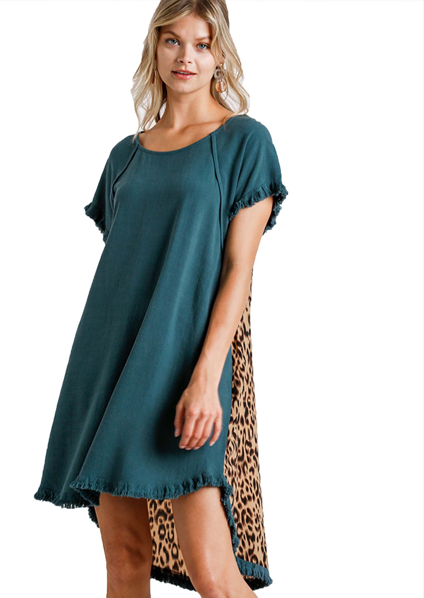 Color block Linen Blend Round Neck Leopard Print  Dress