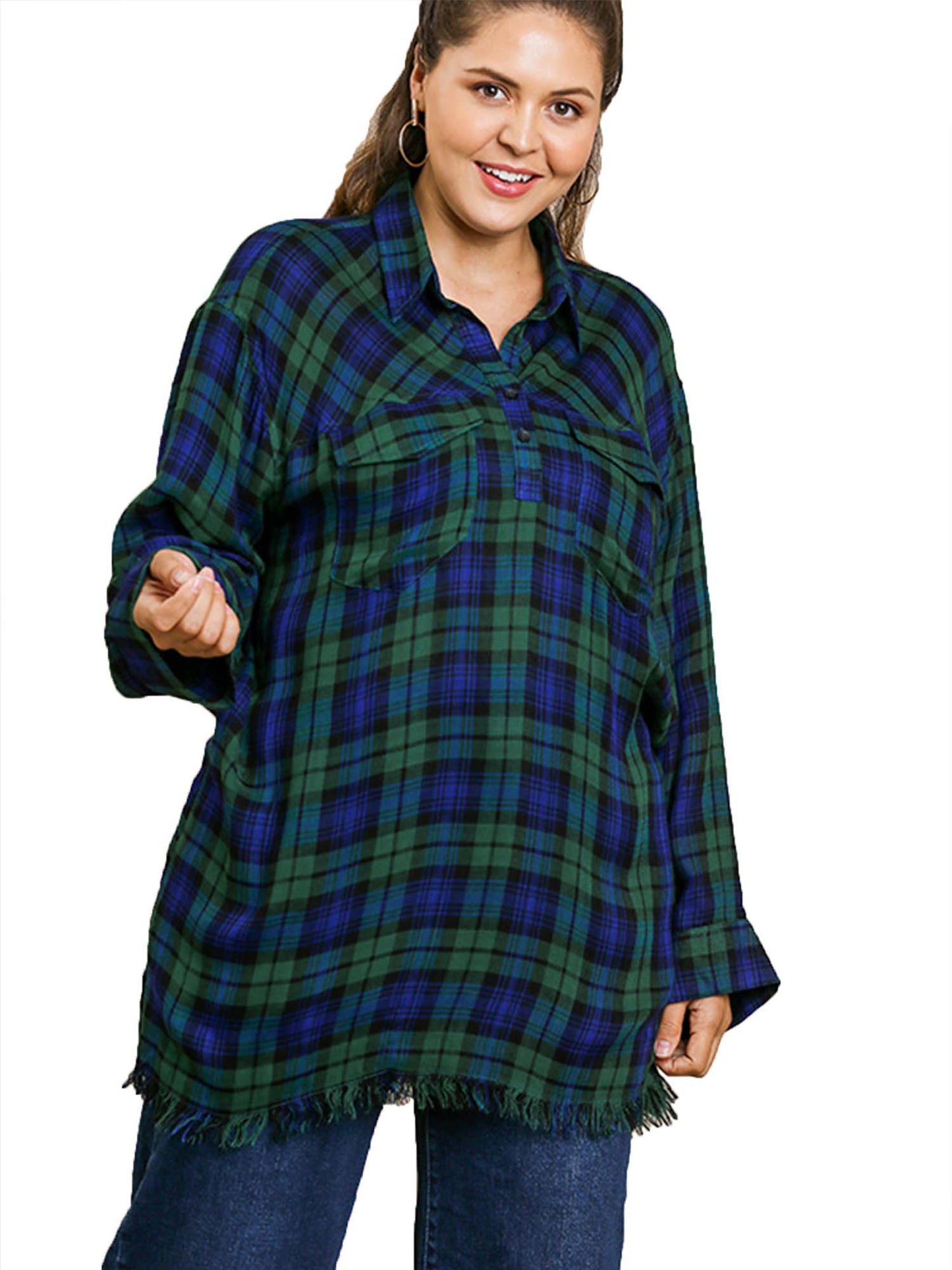 Queen Size Flannel Tunic with a Frayed Hem