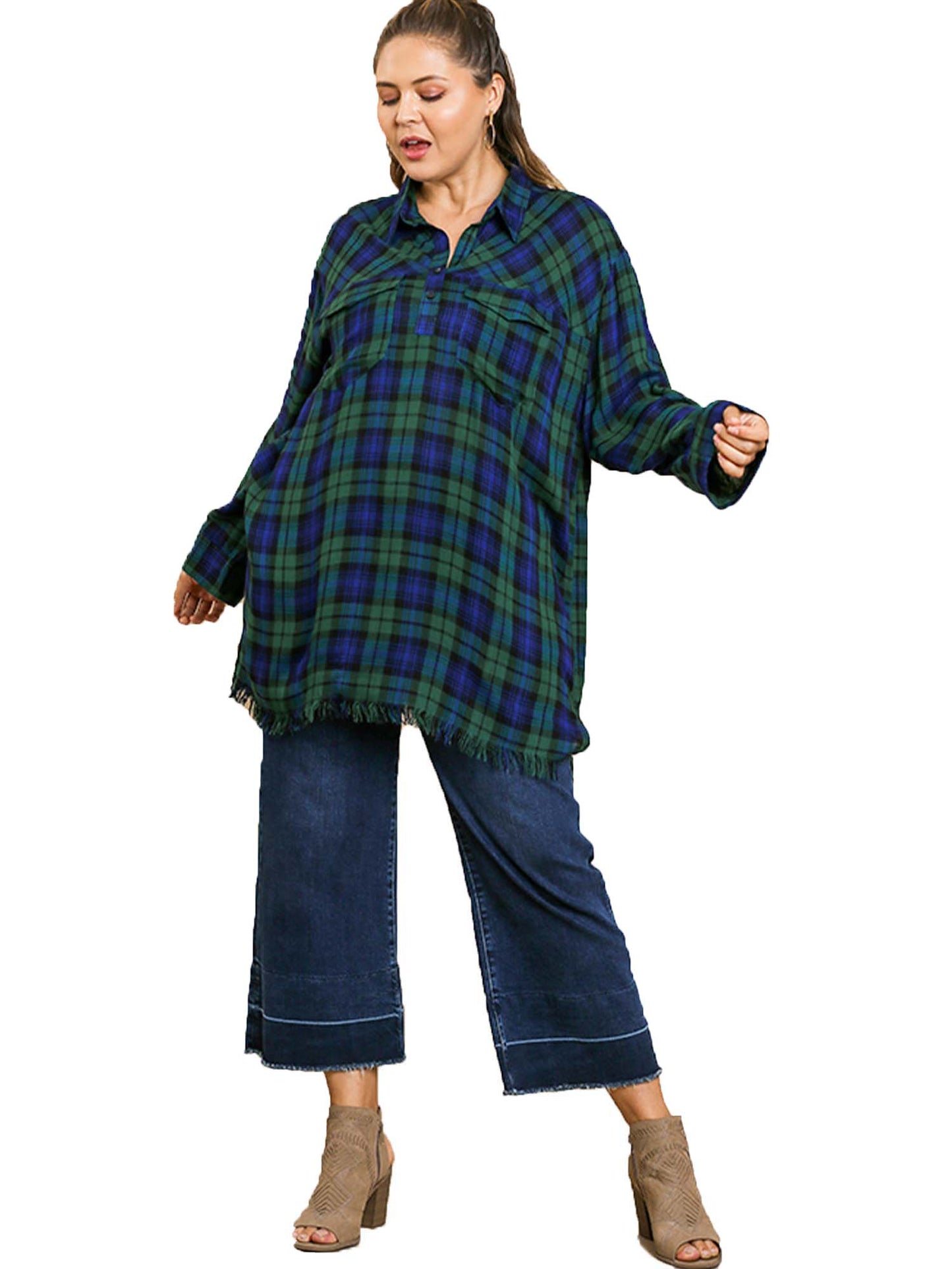 Queen Size Flannel Tunic with a Frayed Hem