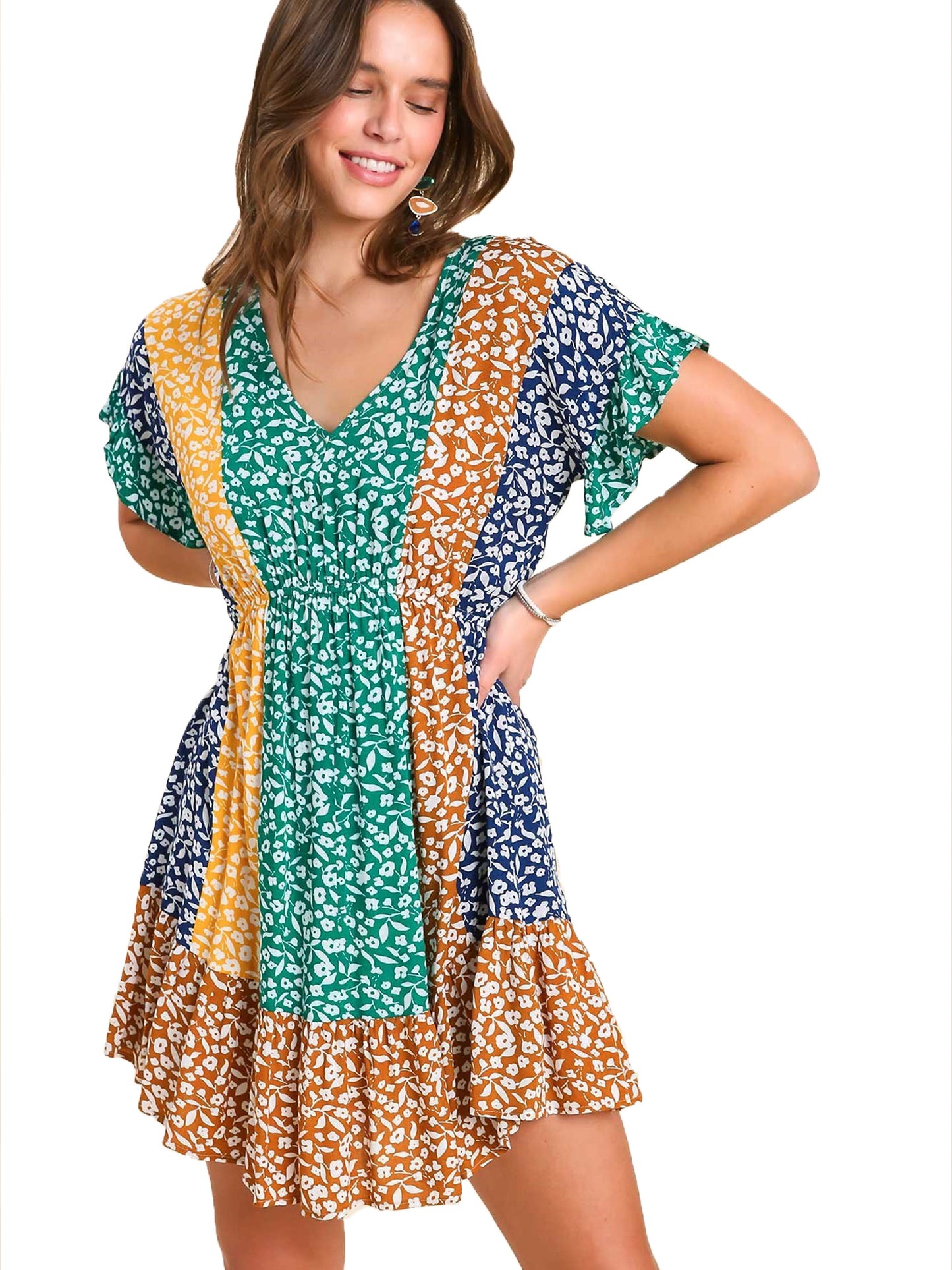 Mixed Floral Color Block Print Dress with Cinched Elastic Waist