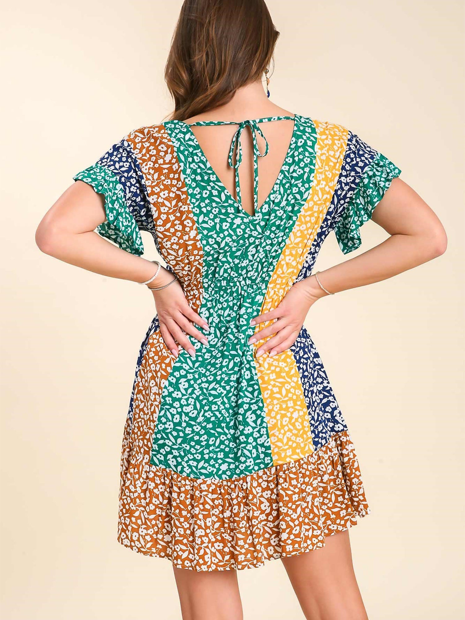 Mixed Floral Color Block Print Dress with Cinched Elastic Waist Kobe Lou Inc Mixed Floral Color Block Print Dress with Cinched Elastic Waist Kobe Lou Inc