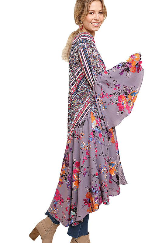 BohoChic Ruffled Long Body Grey Combo Kimono