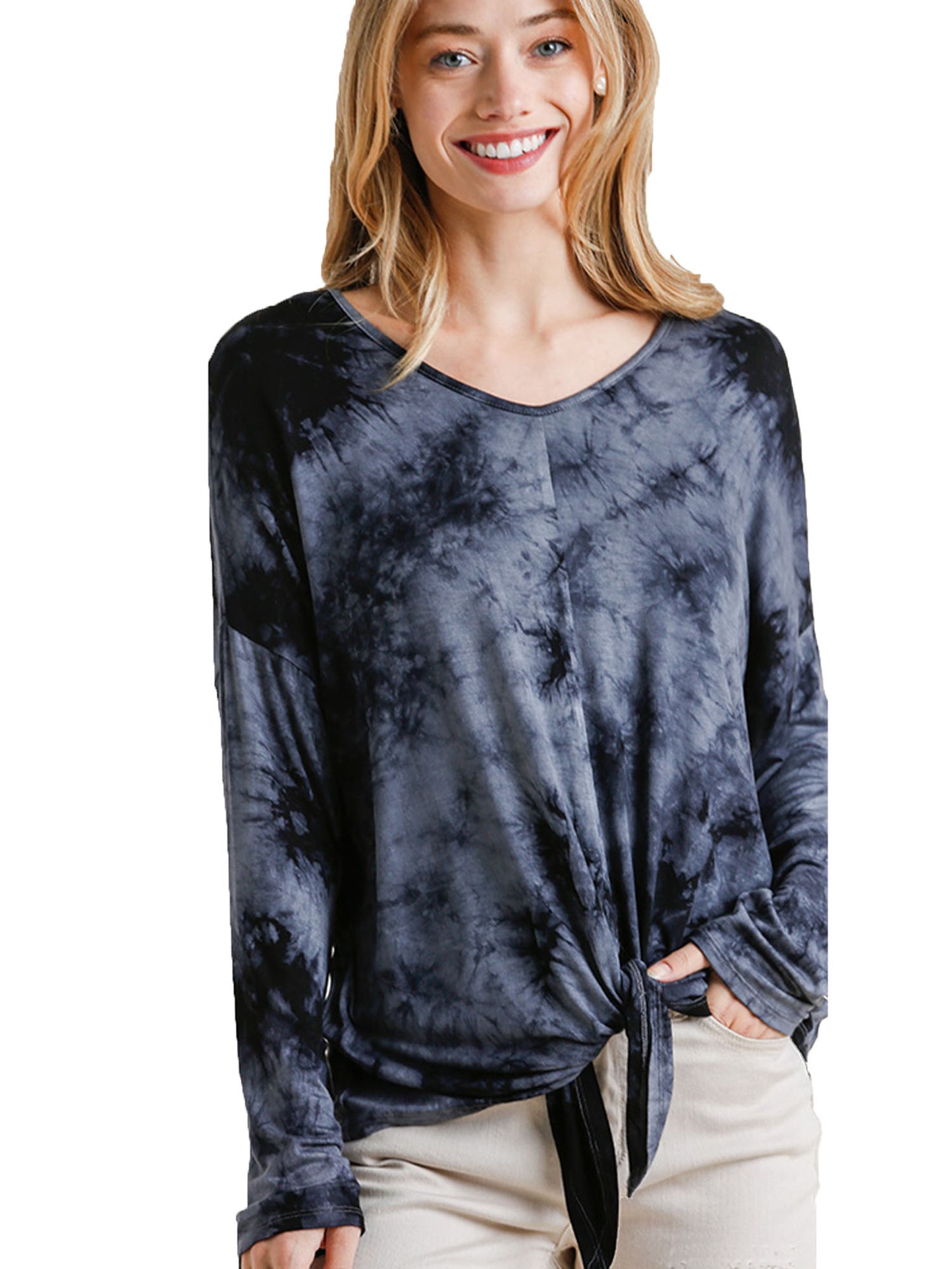 Tie-Dye Long Sleeve Top with Front Tie