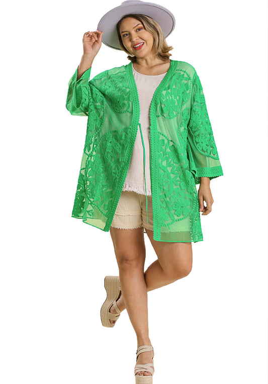 Lace Crochet Mesh Open Front Kimono with Waist Tie