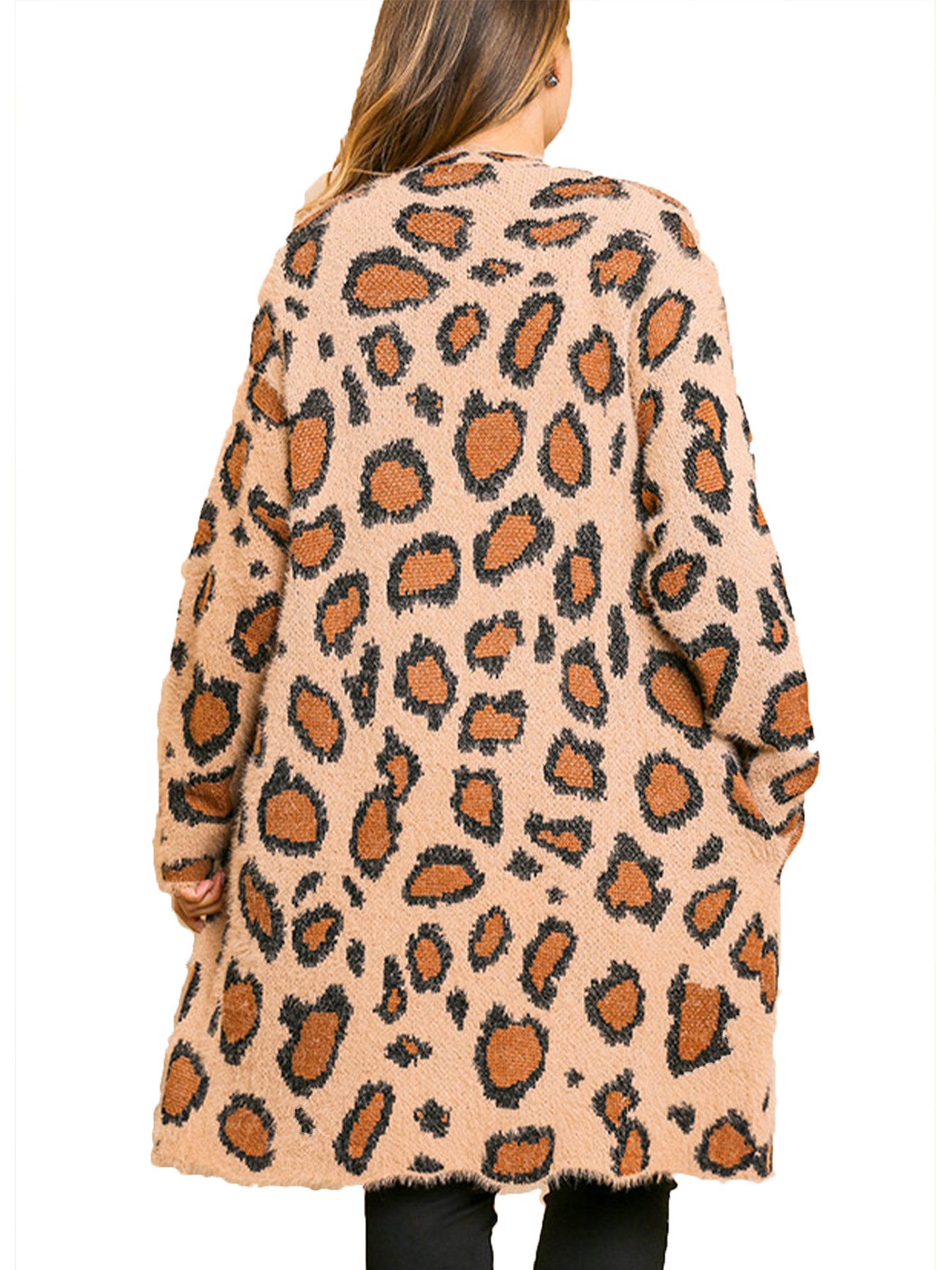 Fuzzy Animal Print Open Front Cardigan Sweater