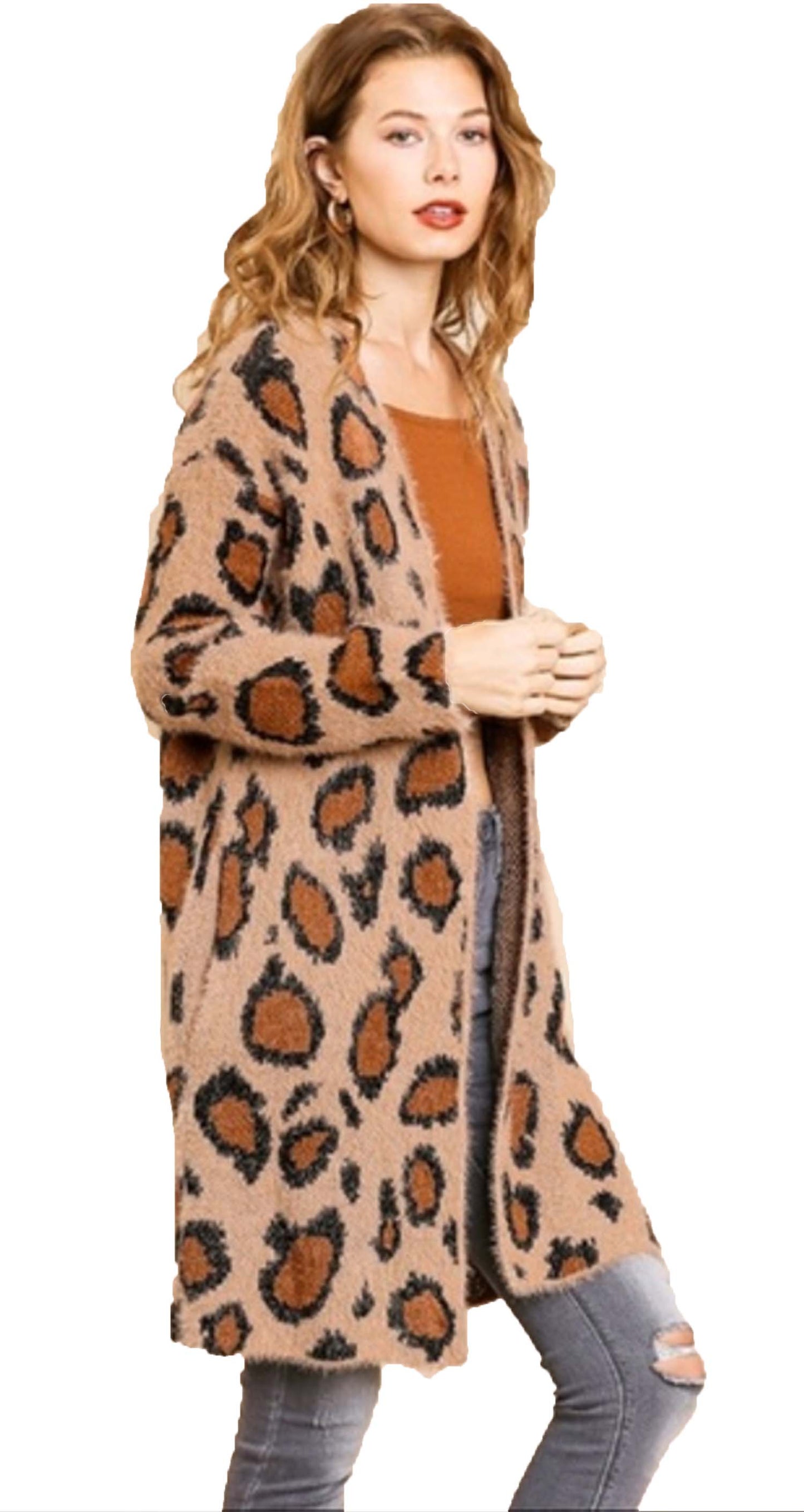 Fuzzy Animal Print Open Front Cardigan Sweater