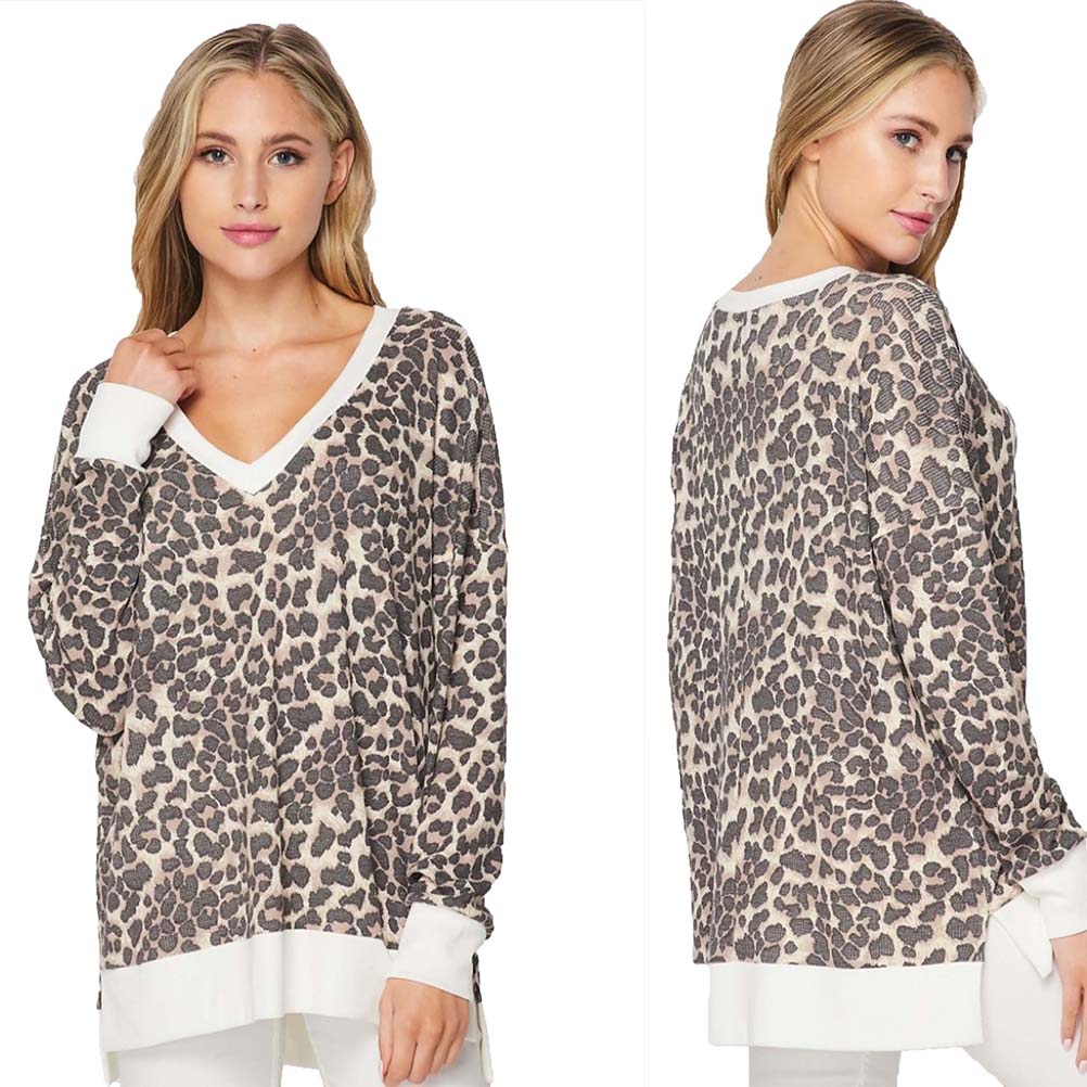 Leopard V-Neck Waffle Knit top