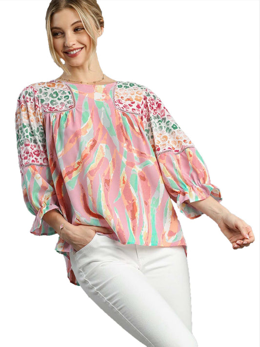 Mixed Print Top, 3/4 Sleeves, Lace Trim, Open Split Back