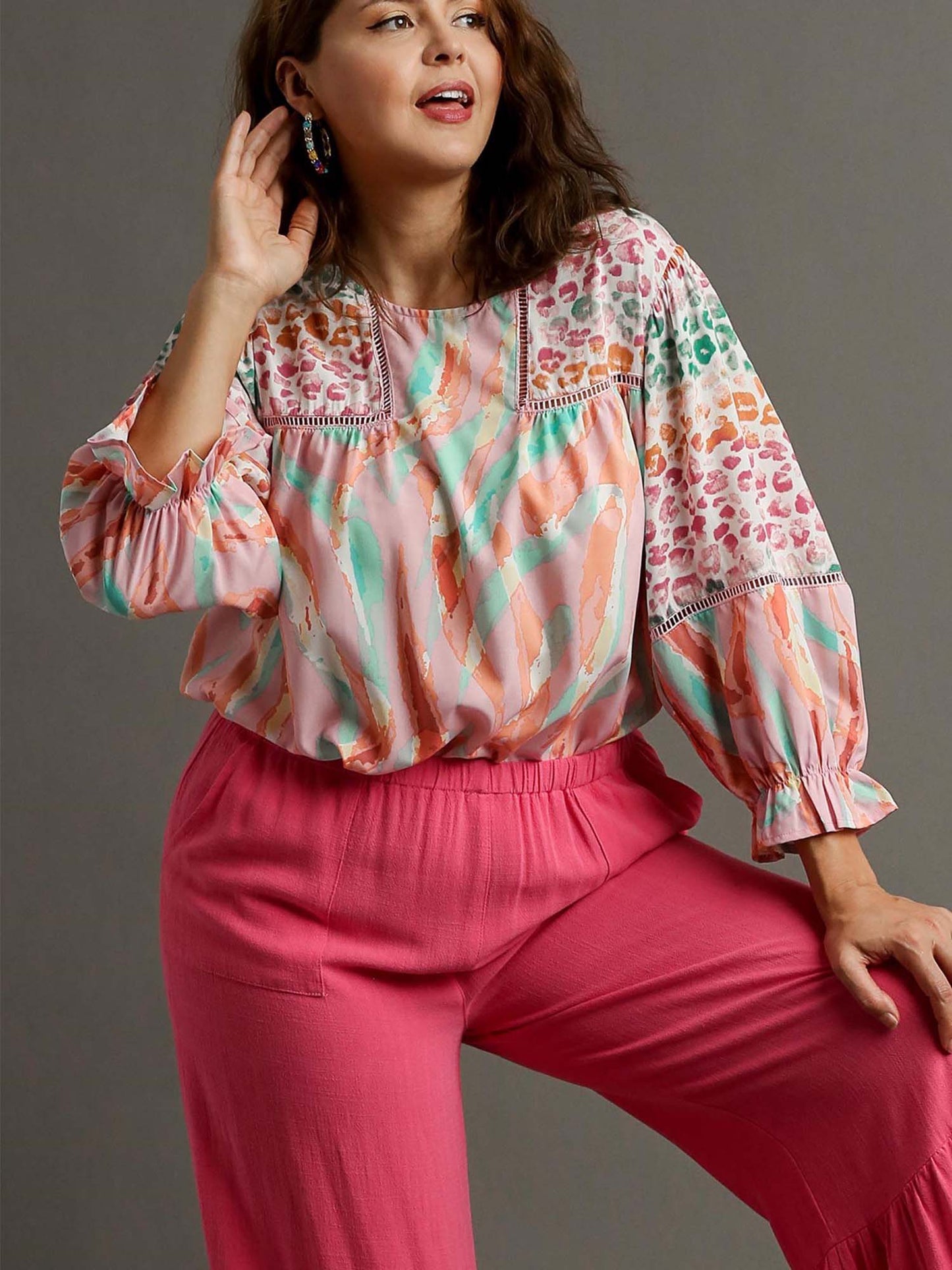 Mixed Print Top, 3/4 Sleeves, Lace Trim, Open Split Back