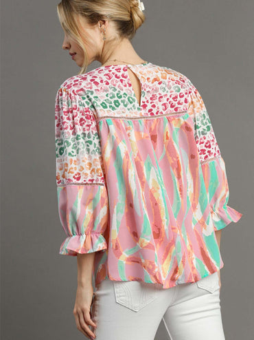 Mixed Print Top, 3/4 Sleeves, Lace Trim, Open Split Back