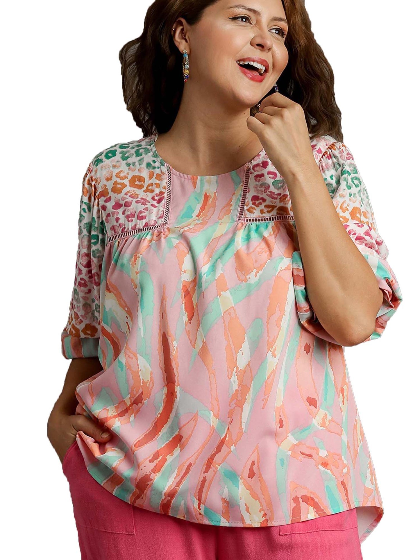 Mixed Print Top, 3/4 Sleeves, Lace Trim, Open Split Back