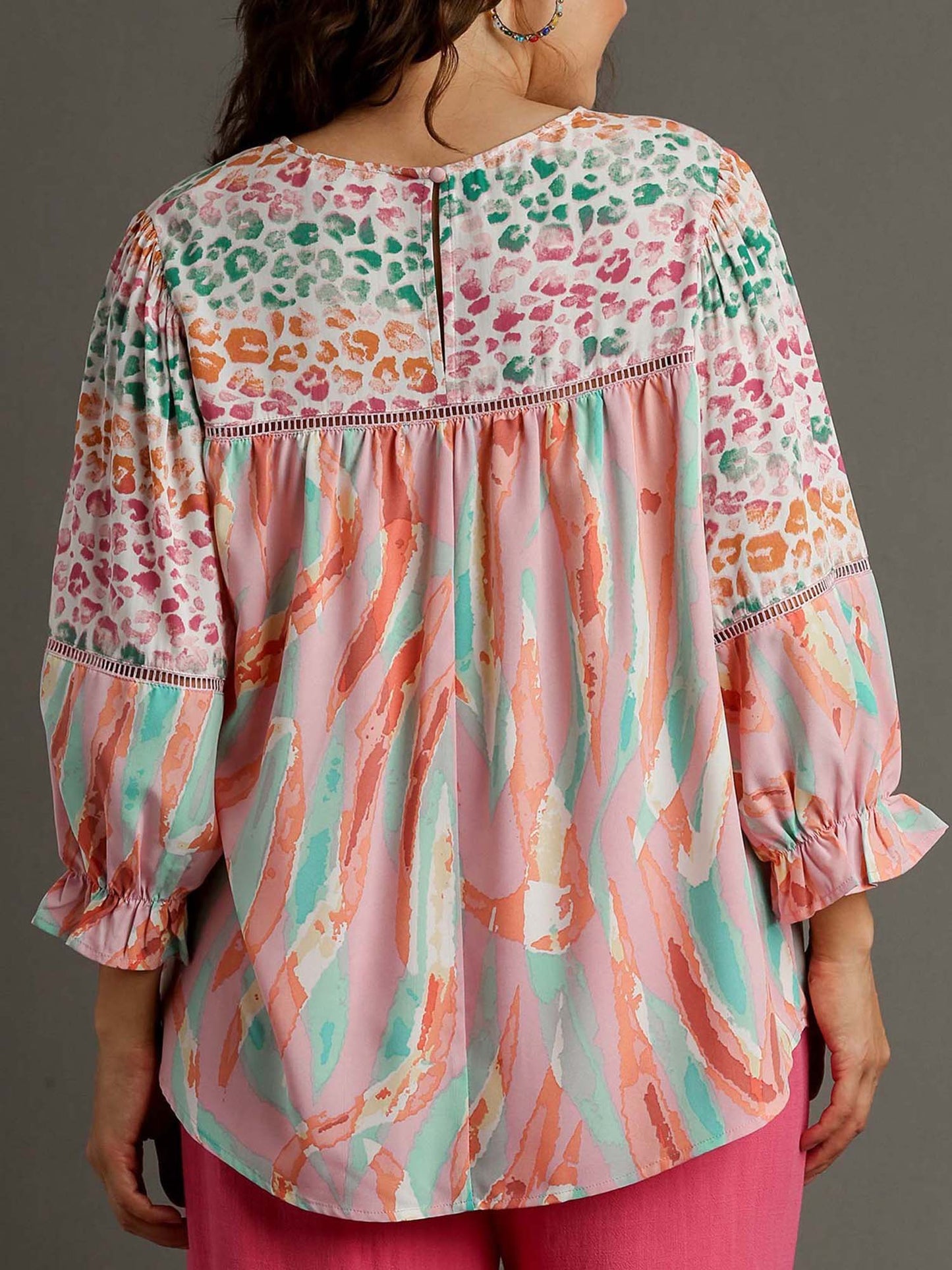 Mixed Print Top, 3/4 Sleeves, Lace Trim, Open Split Back