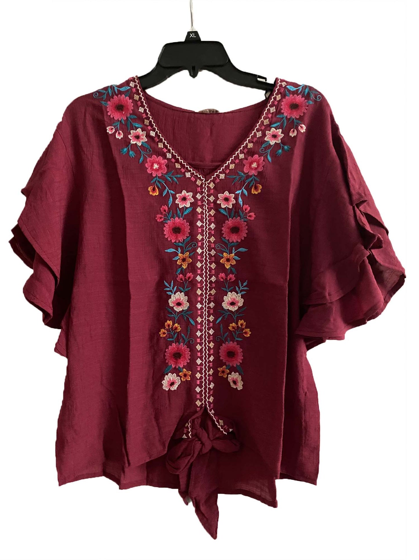 Floral Embroidered Ruffle Short Sleeve Top with a tie