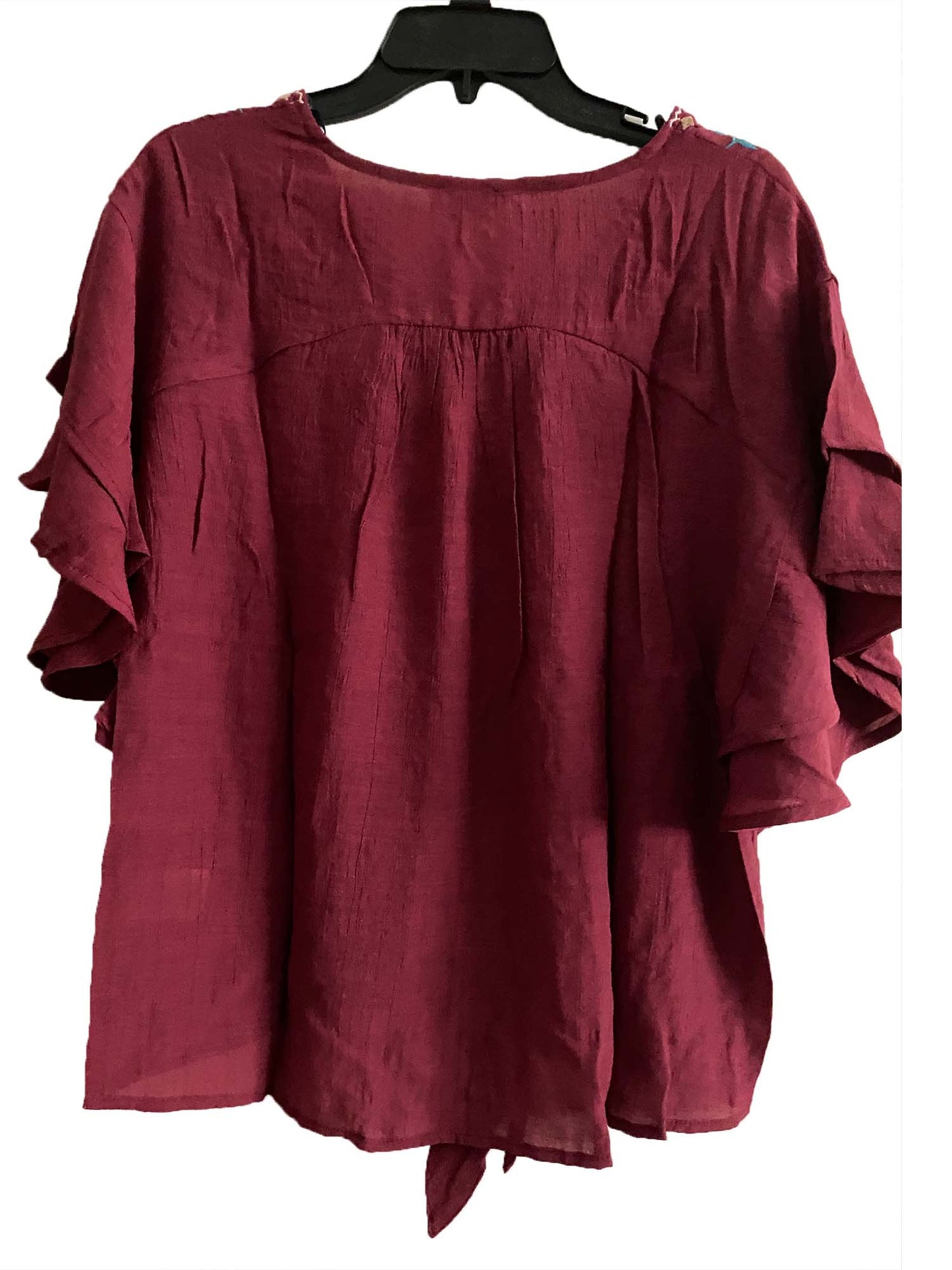 Floral Embroidered Ruffle Short Sleeve Top with a tie