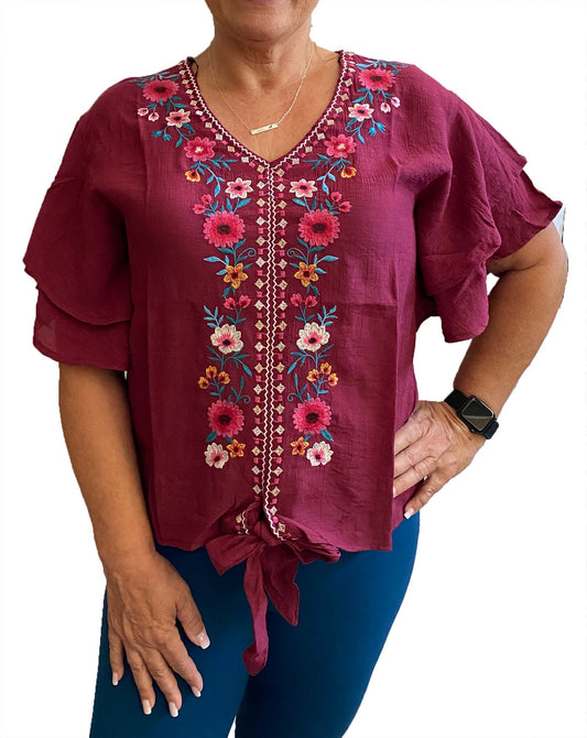 Floral Embroidered Ruffle Short Sleeve Top with a tie