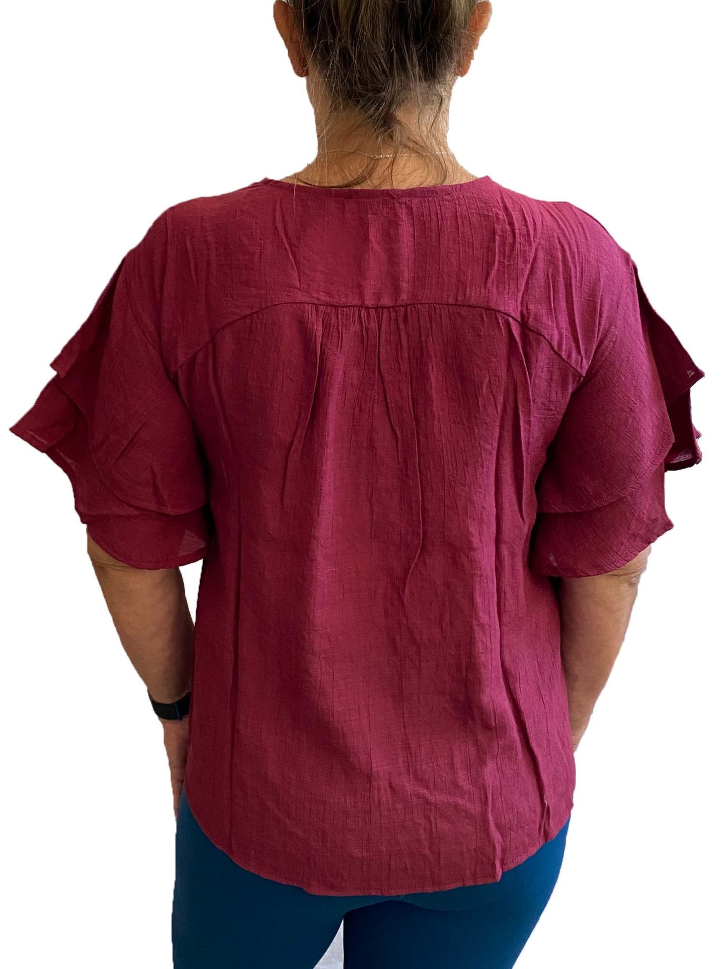 Floral Embroidered Ruffle Short Sleeve Top with a tie