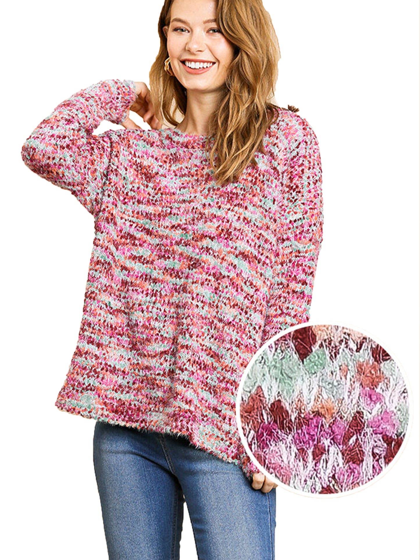 Multicolor Boucle Long Sleeve Pullover Sweater