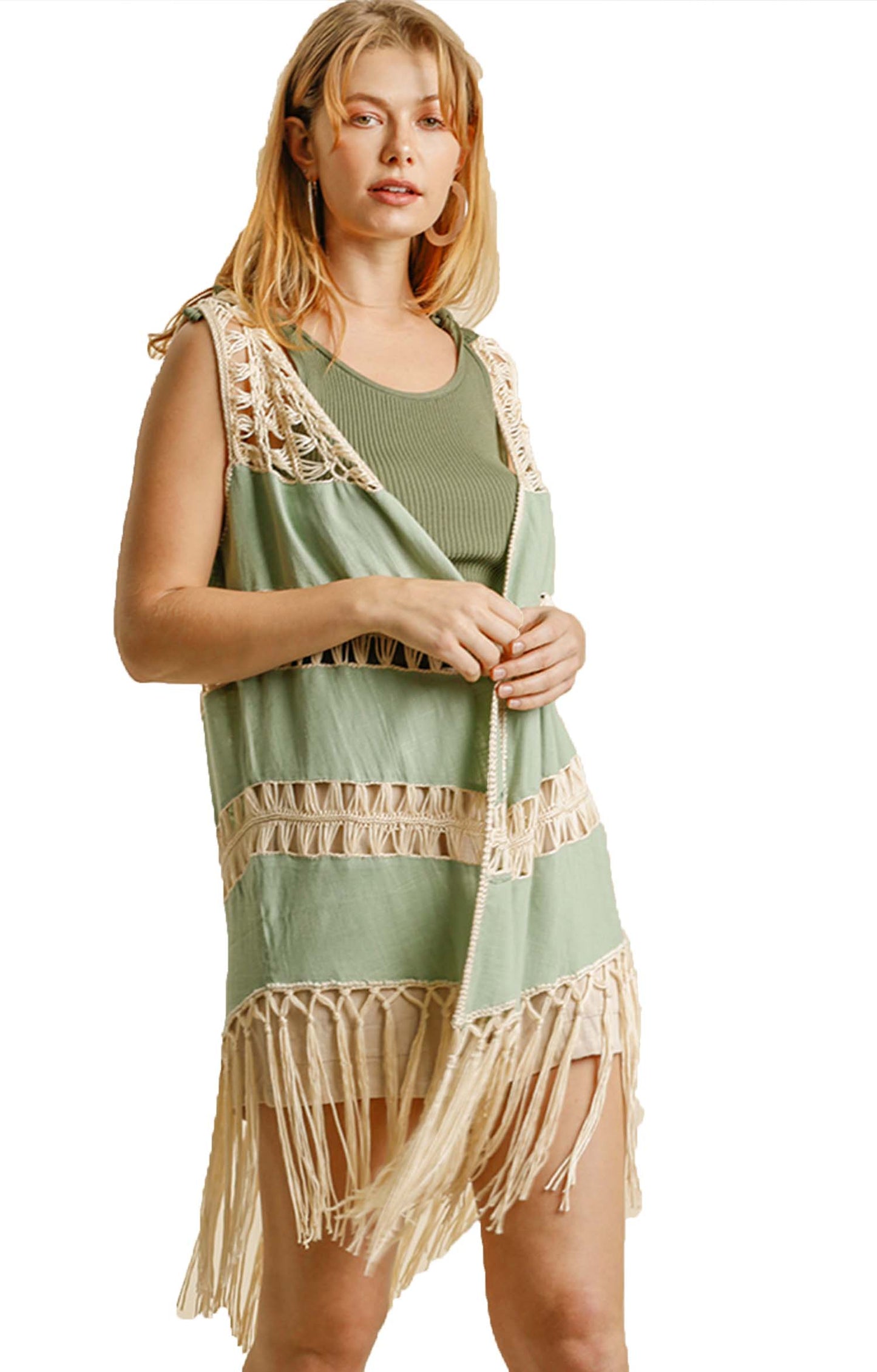 Crochet ]Open Front Duster Vest with Tassel Hem