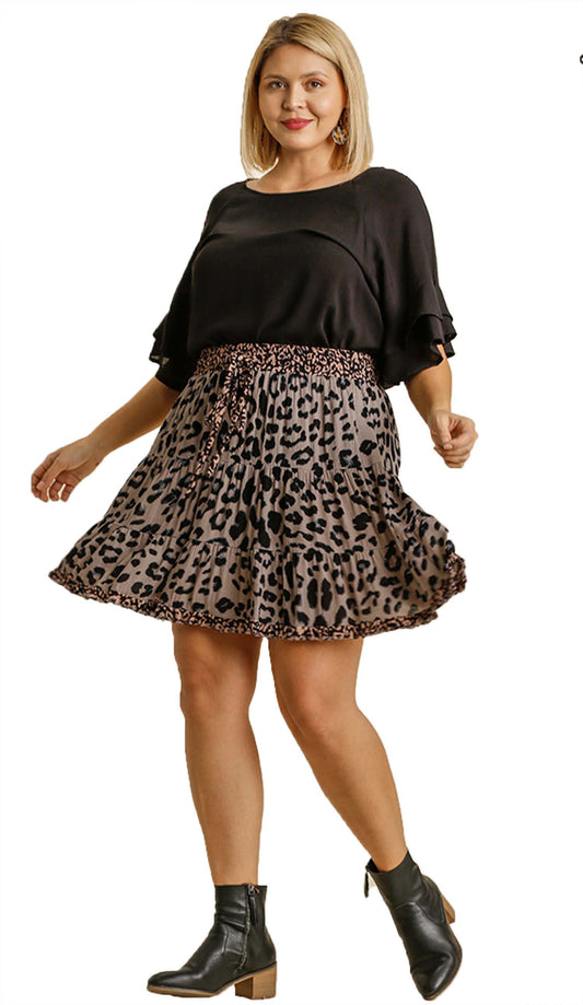 Leopard Print Skirt with Drawstring and Elastic Waist Band