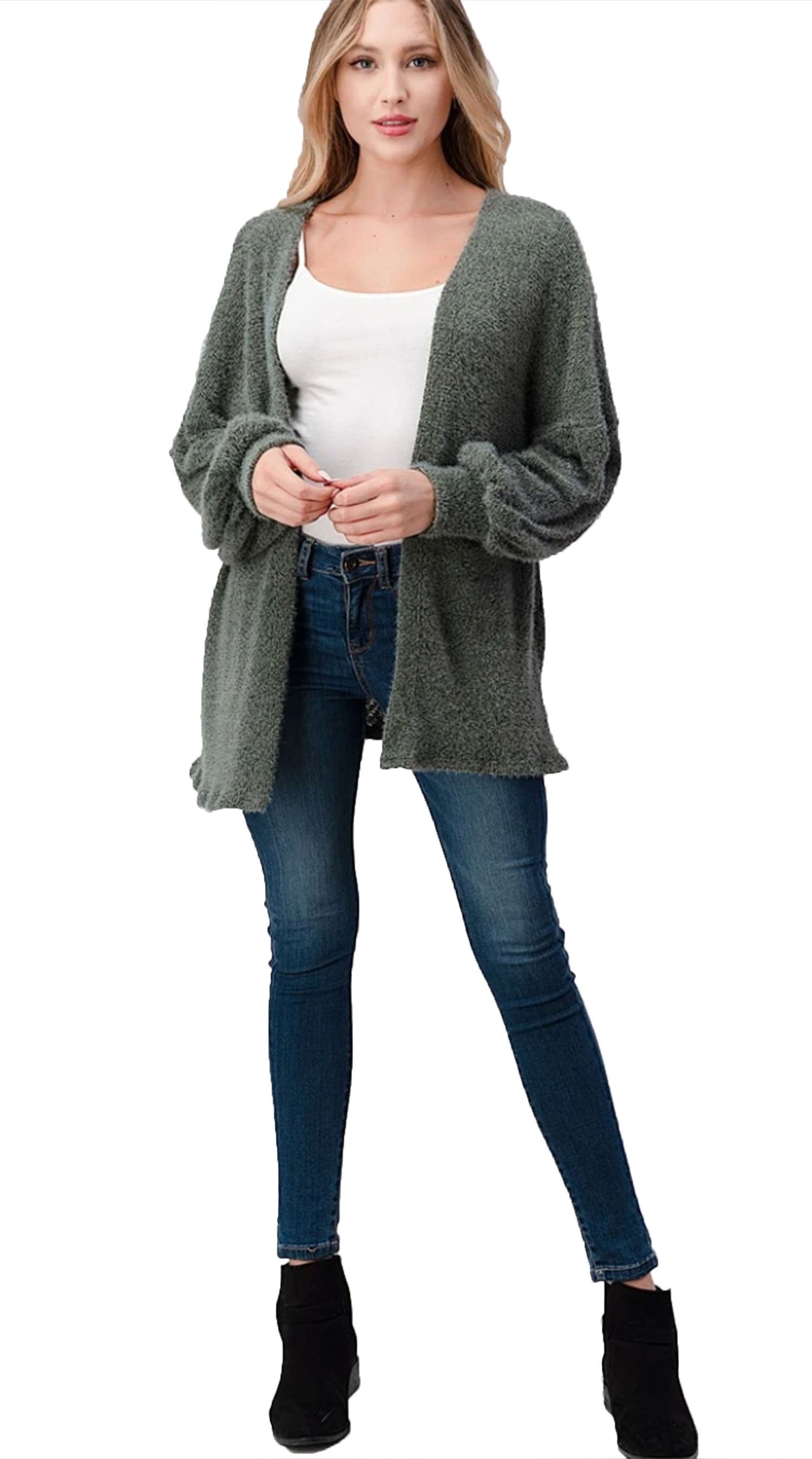 Balloon Poet Sleeve Open Front Cardigan Sweater