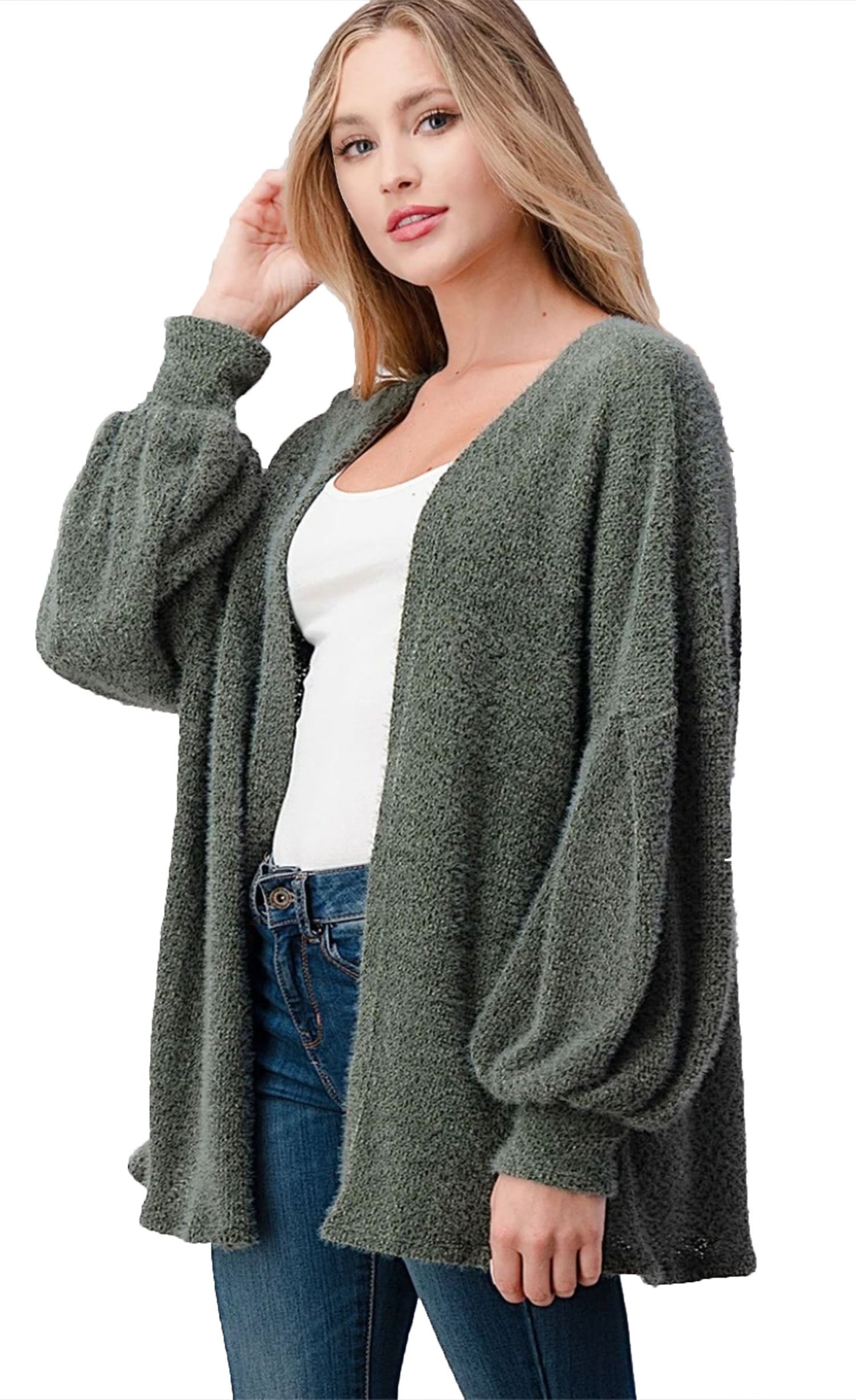 Balloon Poet Sleeve Open Front Cardigan Sweater