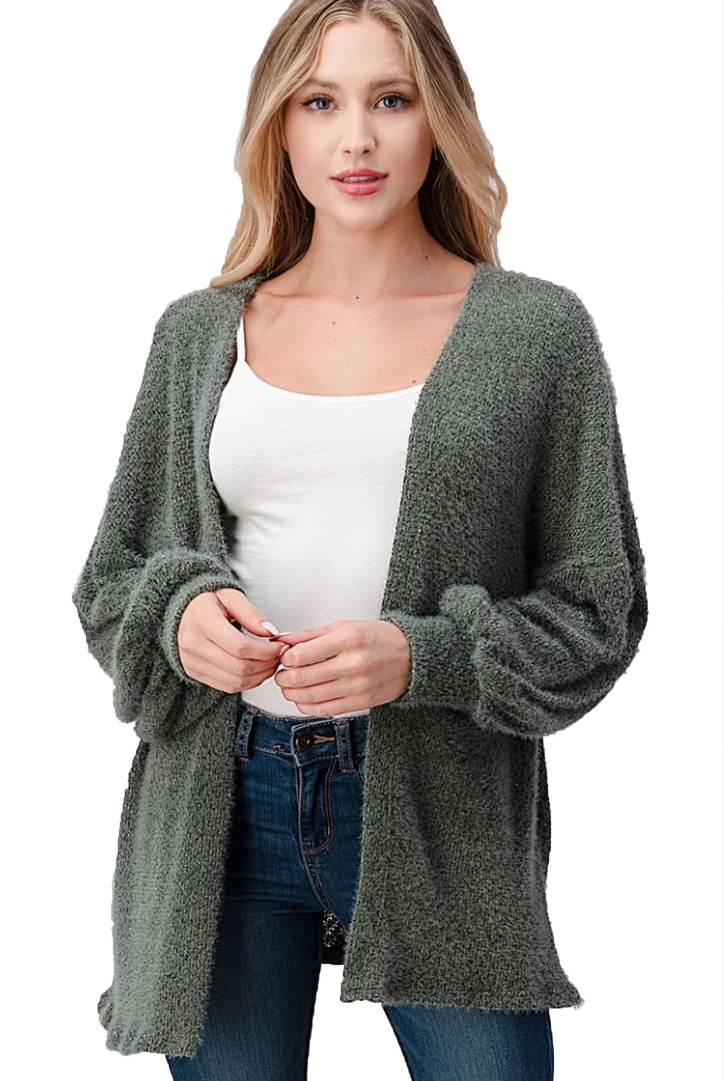 Balloon Poet Sleeve Open Front Cardigan Sweater