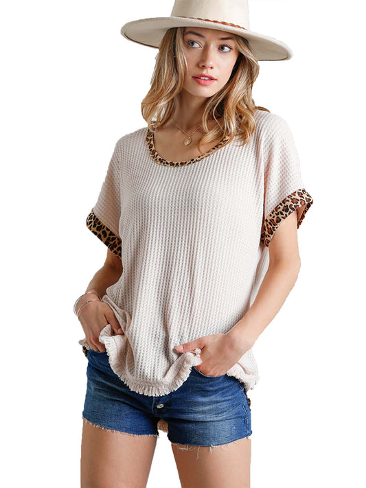 Waffle Knit cap sleeve top with Leopard and Frayed Hem