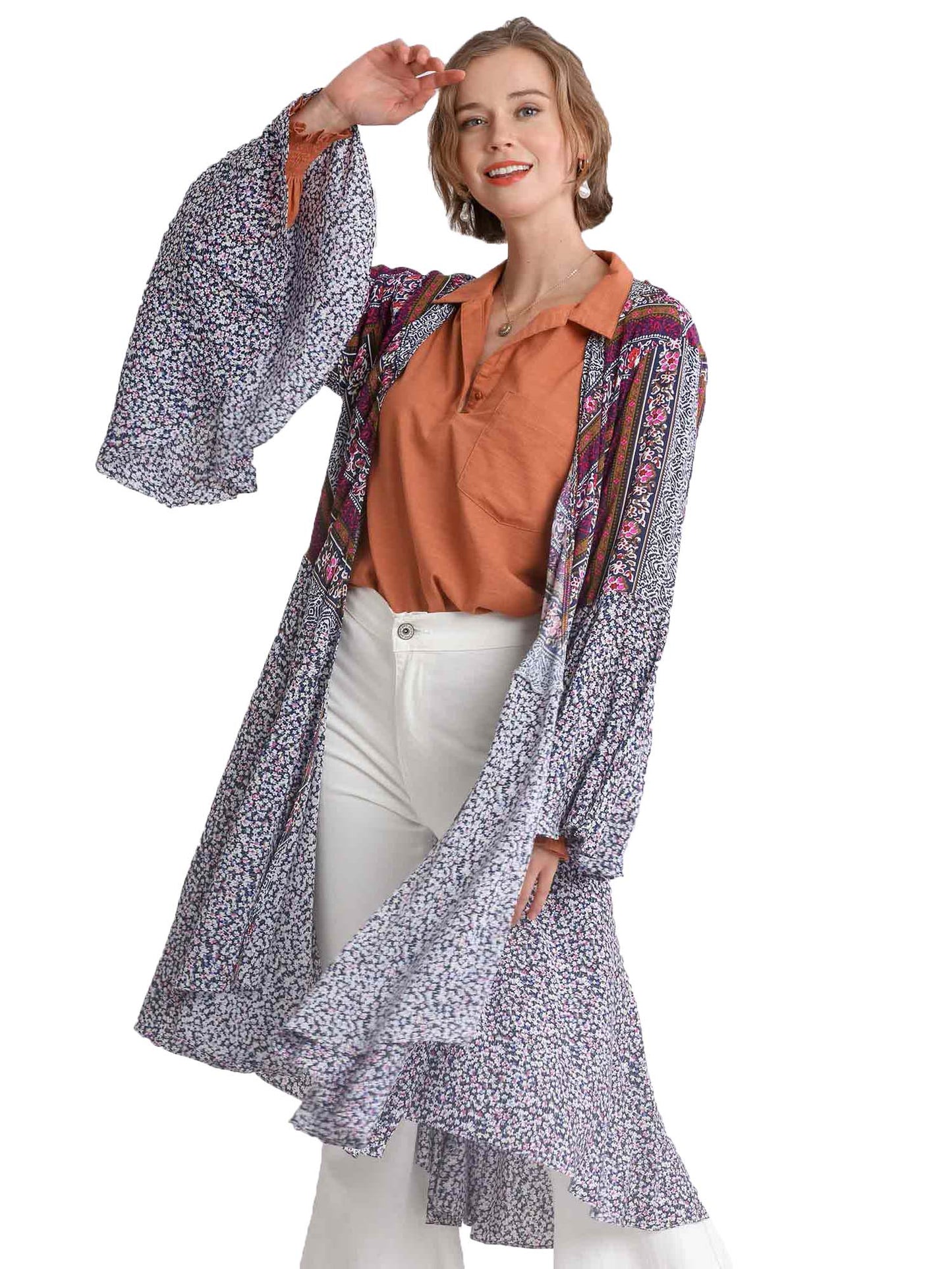 Spring Ruffled Long Body Navy Mix Kimono