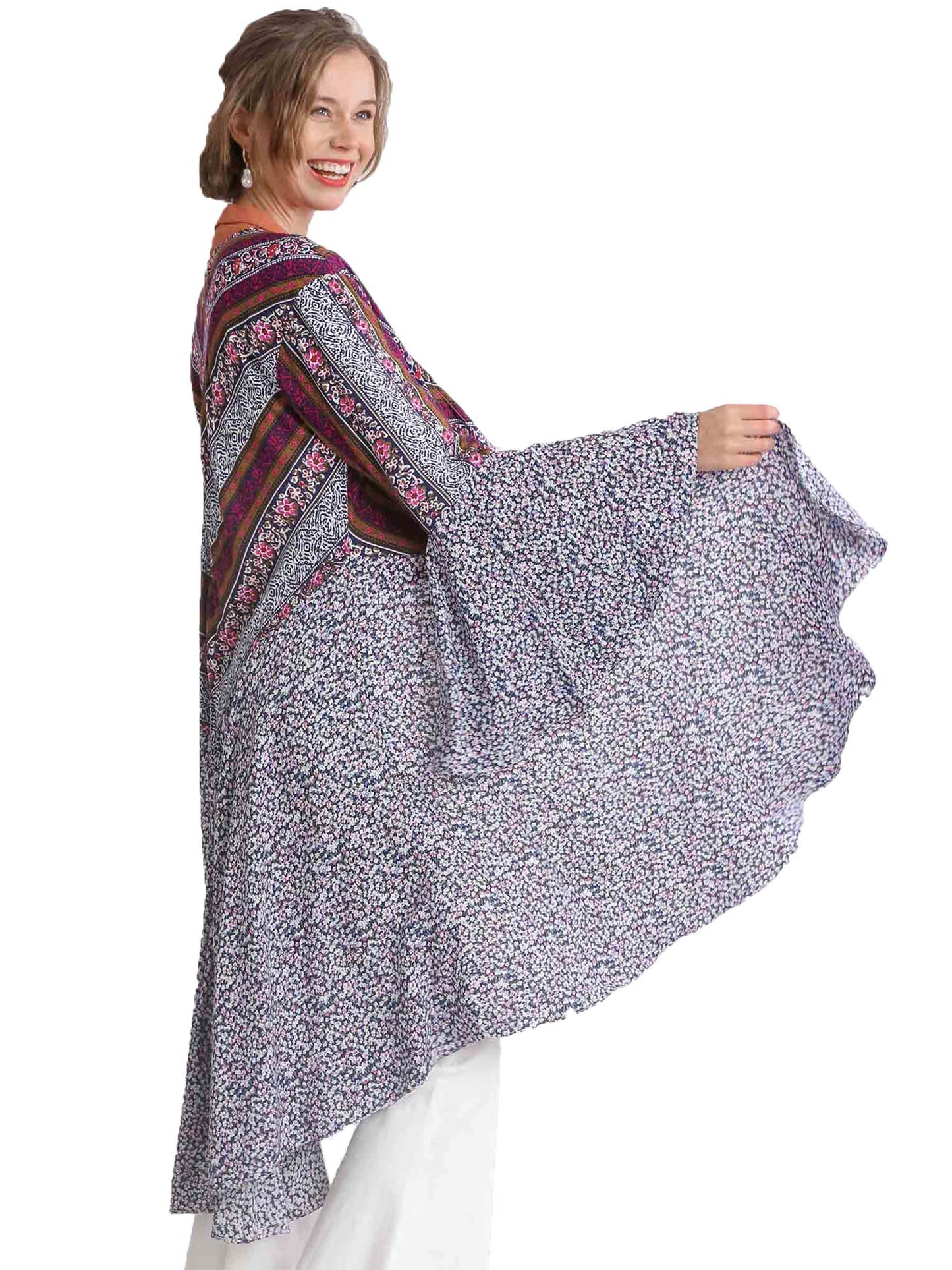 Spring Ruffled Long Body Navy Mix Kimono