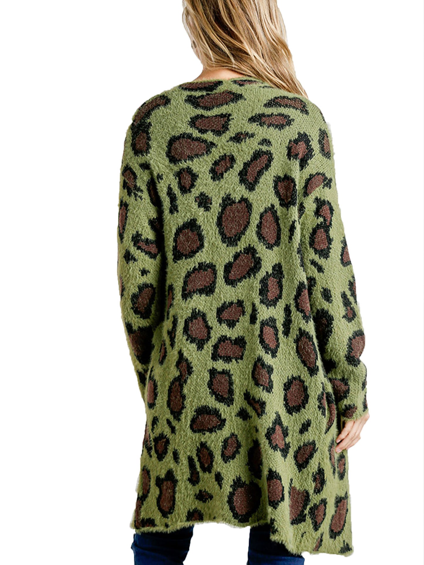 Fuzzy Animal Print Open Front Cardigan Sweater