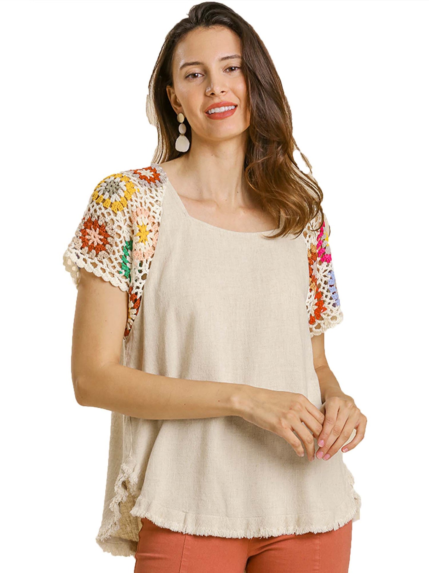 Linen Blend Colorful floral Crochet Detailed Short Sleeve Top