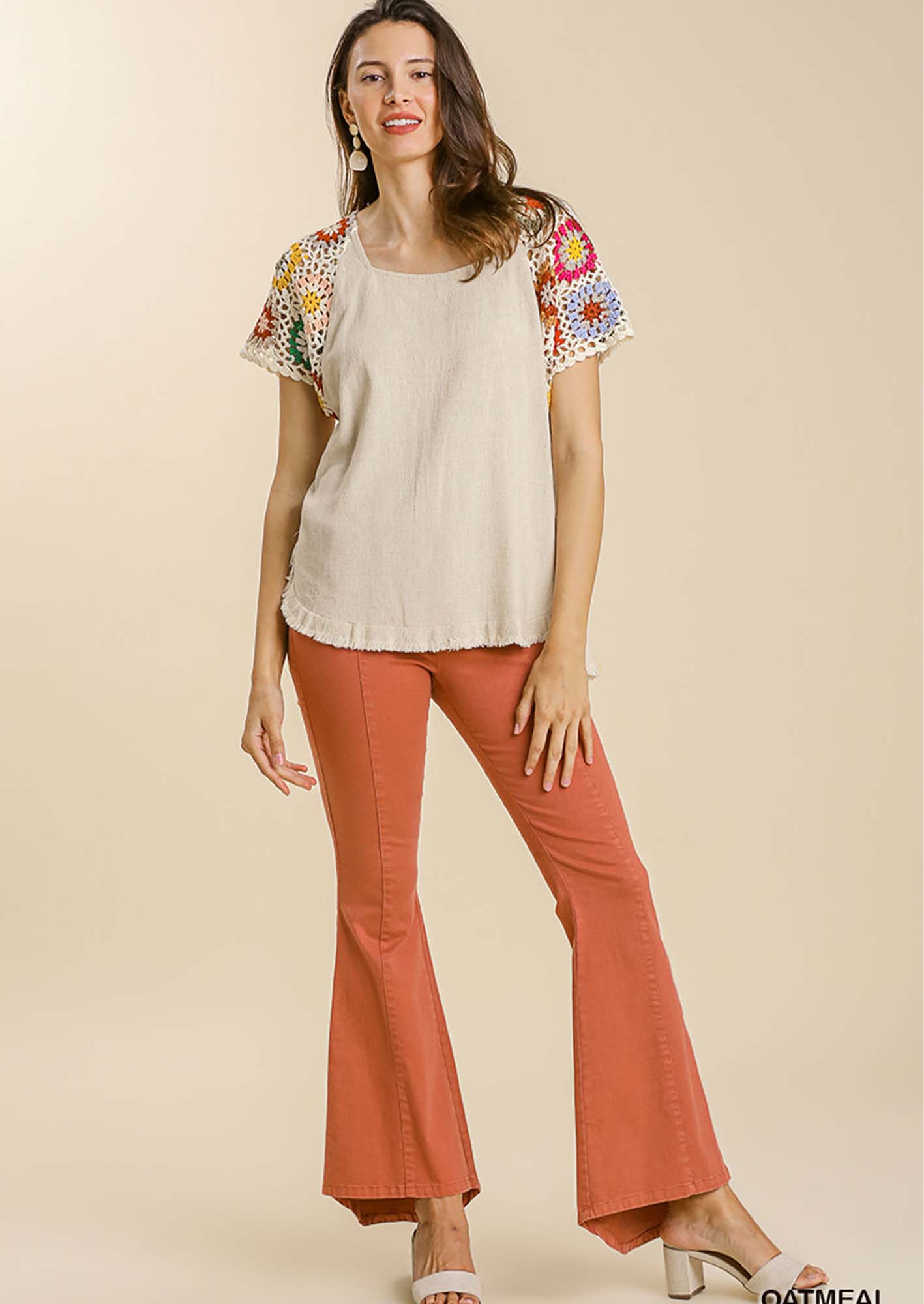 Linen Blend Colorful floral Crochet Detailed Short Sleeve Top
