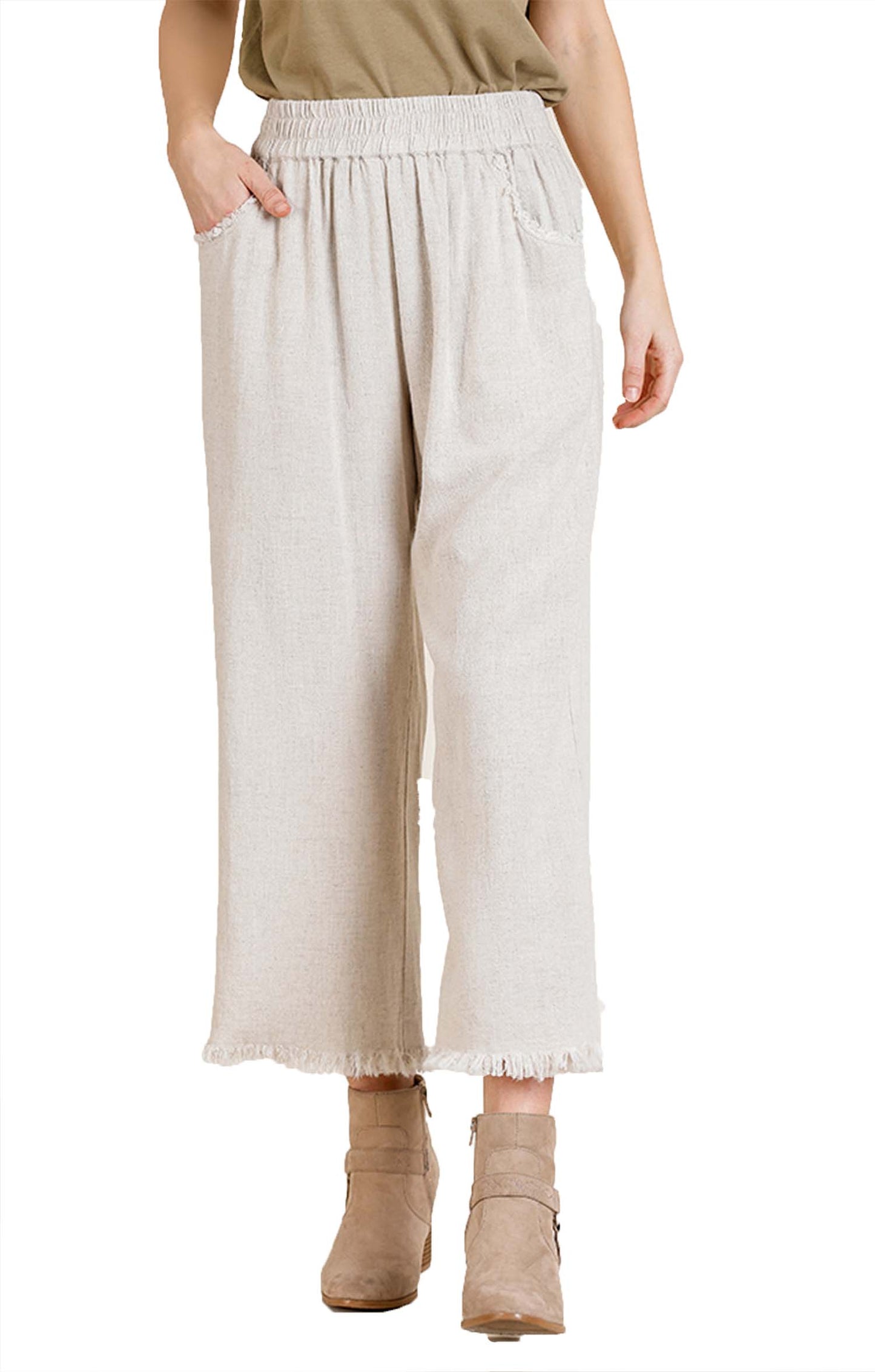 Wide Leg Pant with Elastic Waist, Pockets, and Frayed Hem