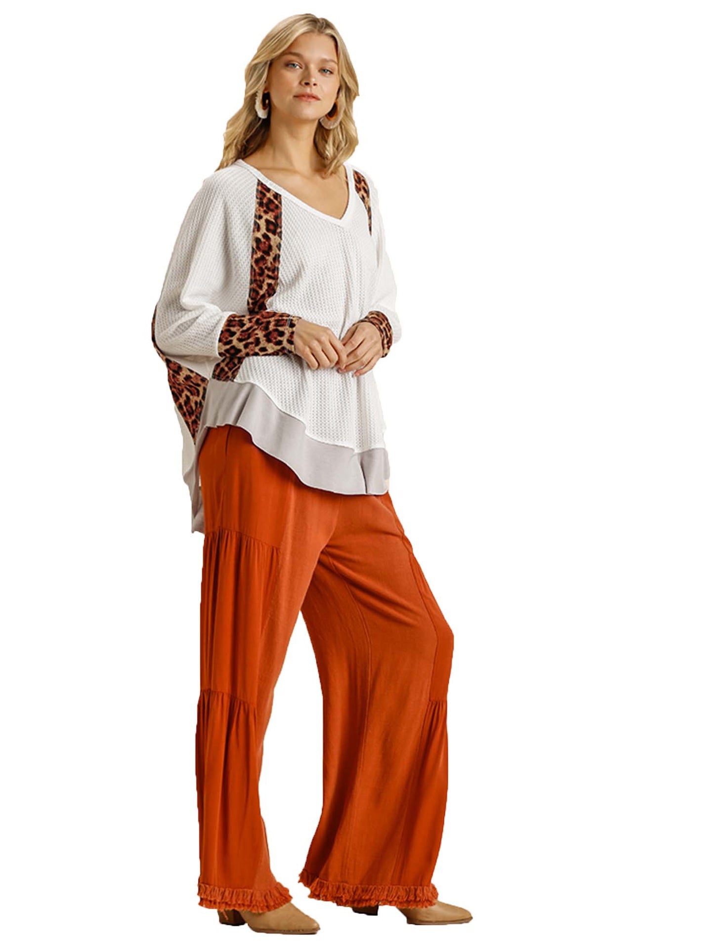 Leopard Print Color Block Waffle Knit top