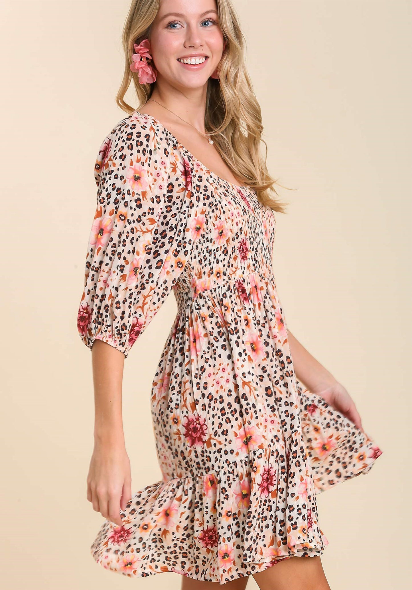 Floral Animal Print Smocked Dress with Puff Sleeves