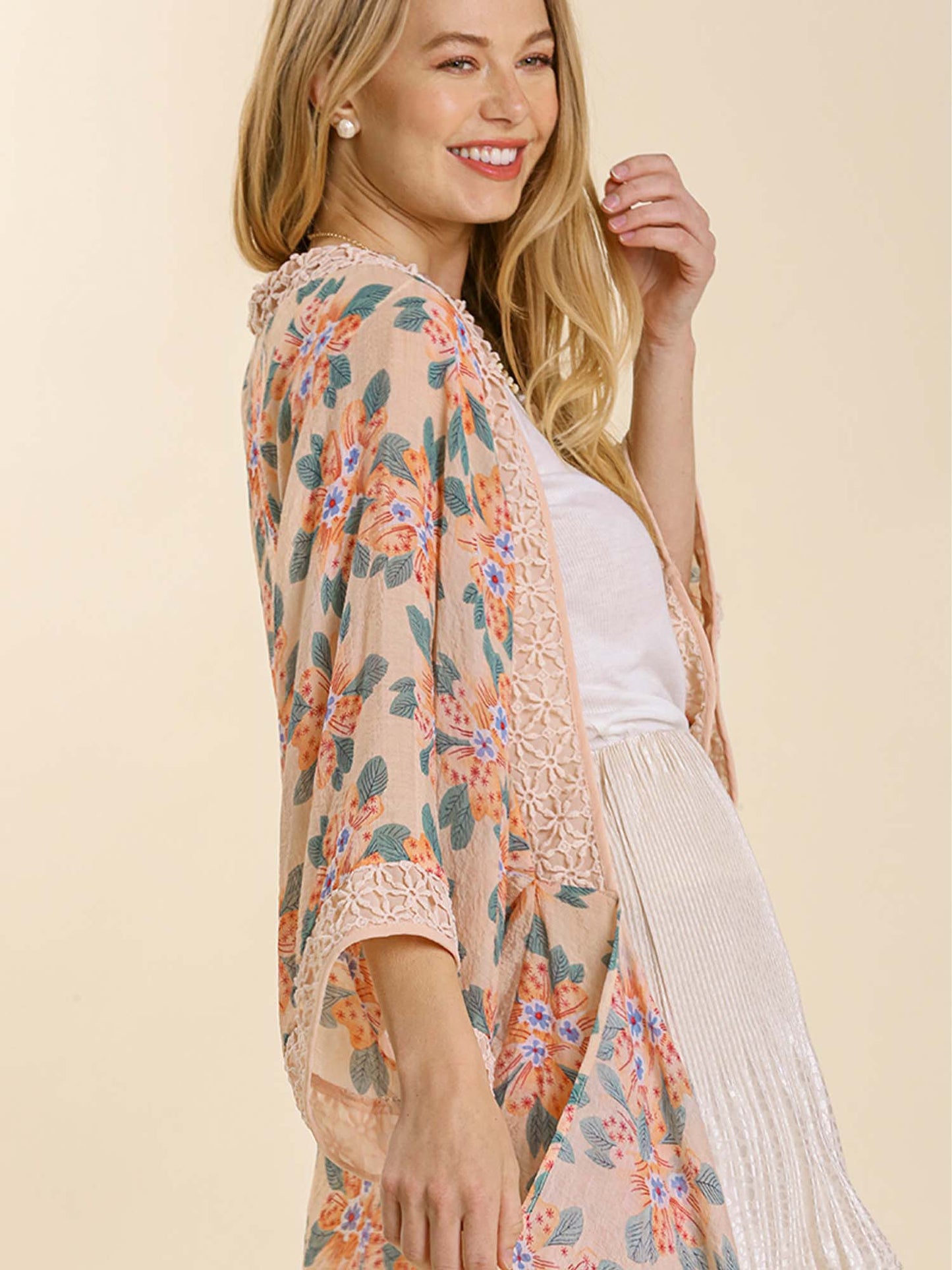 Sheer Floral Print Open Front Kimono with Crochet Detail