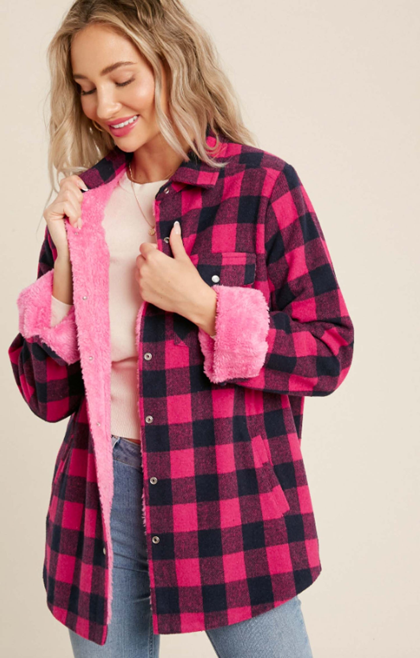 Buffalo Plaid Sherpa Lined Shirt Jacket Shacket