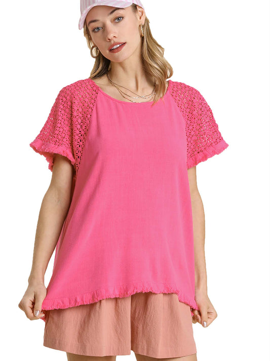 Linen Blend Crochet Detailed Short Sleeve Top with Fringed Hem