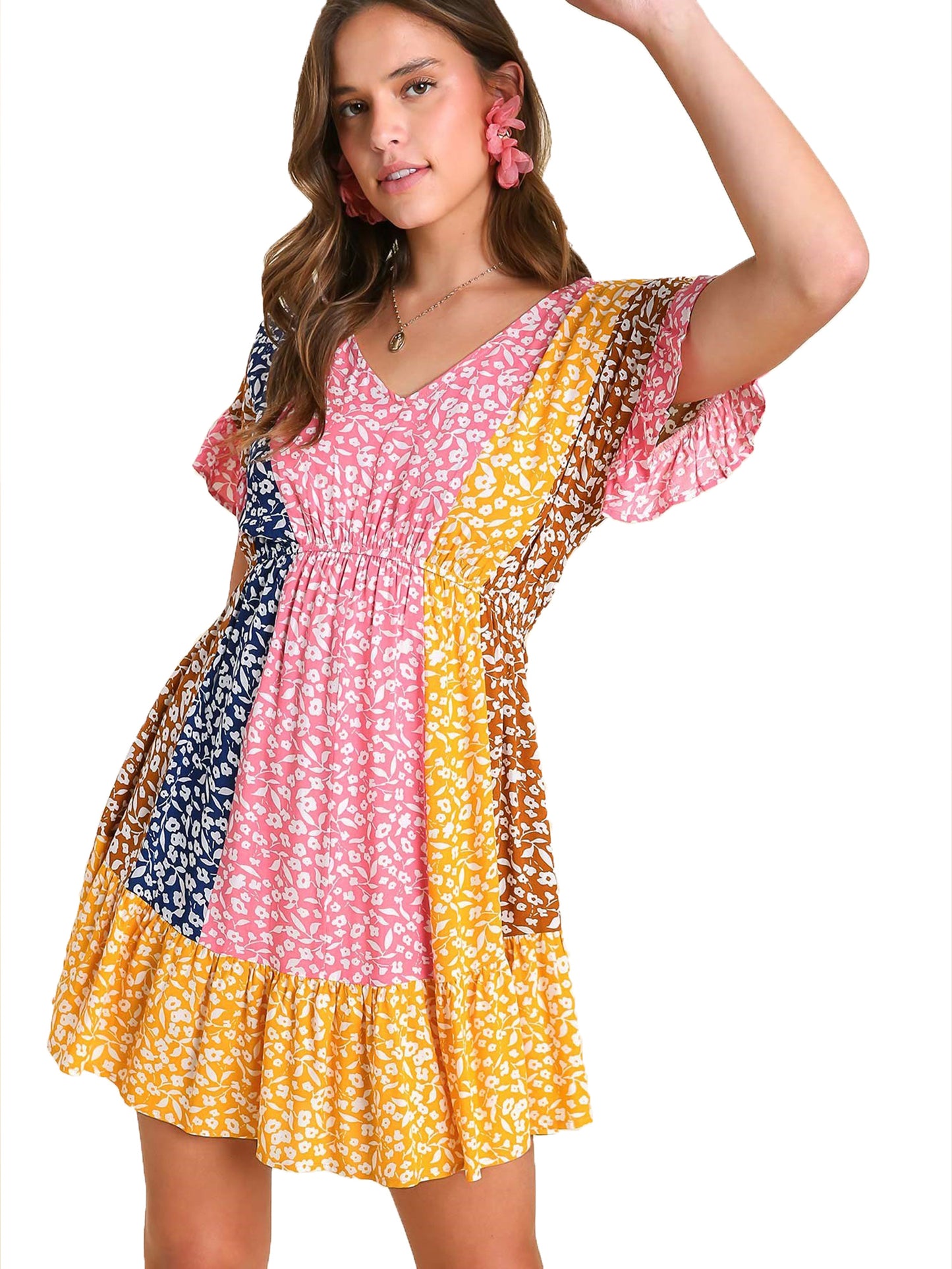 Mixed Floral Color Block Print Dress with Cinched Elastic Waist