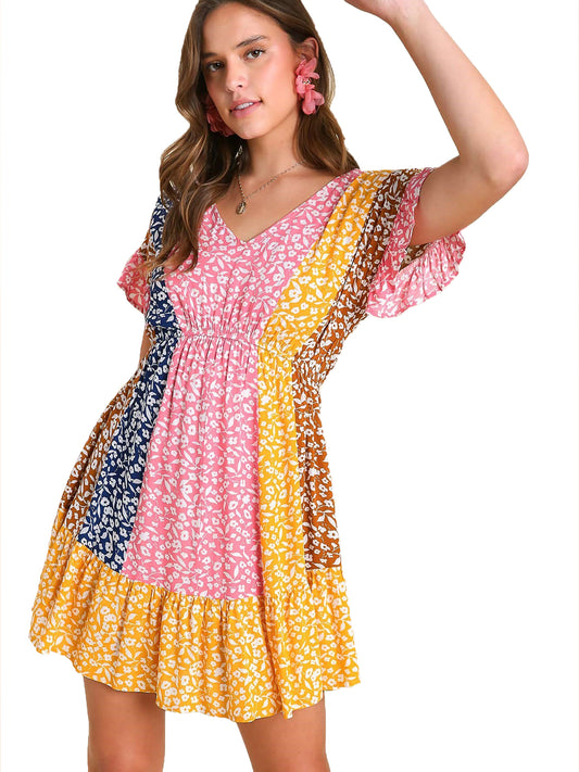 Mixed Floral Color Block Print Dress with Cinched Elastic Waist