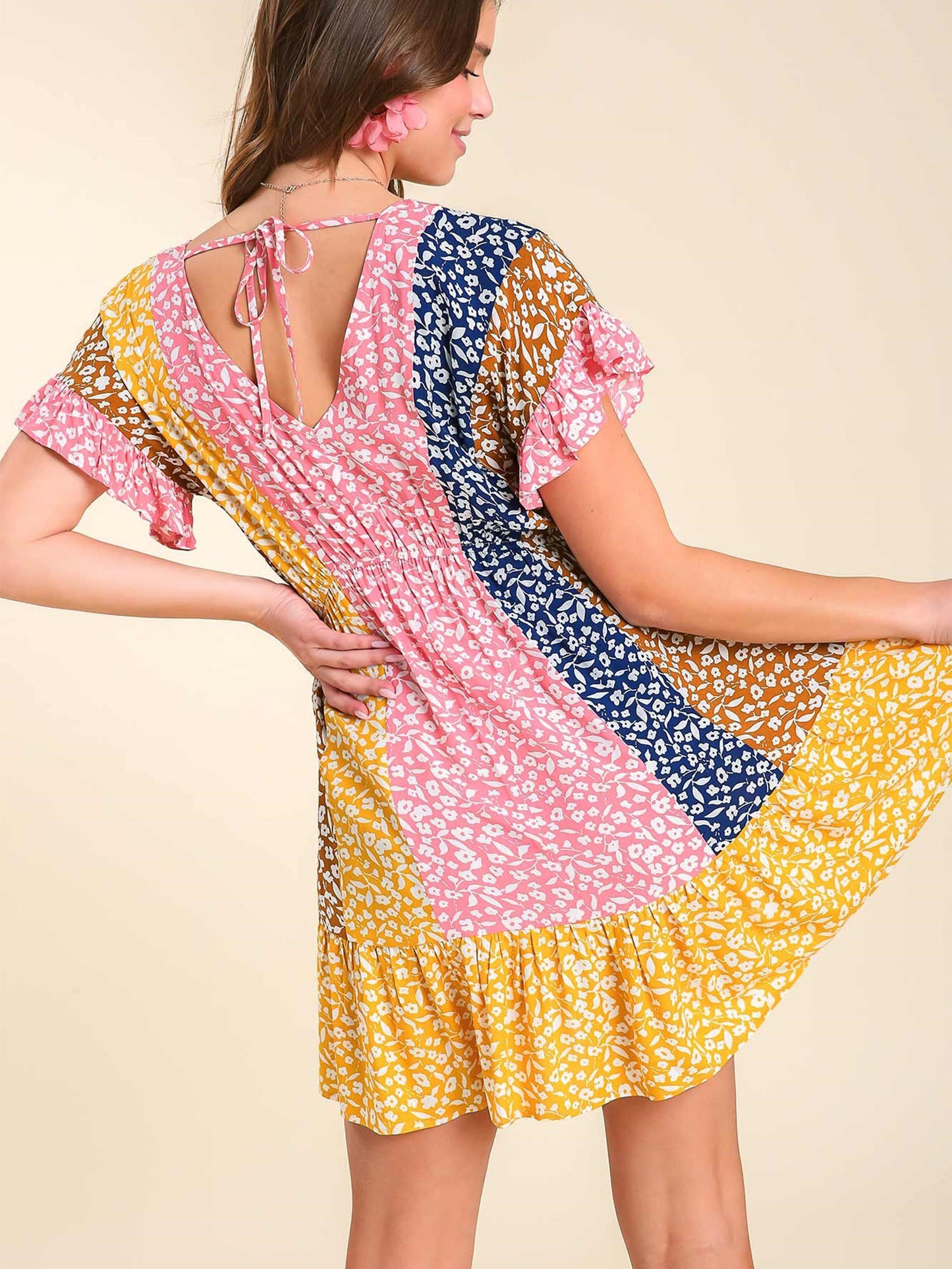 Mixed Floral Color Block Print Dress with Cinched Elastic Waist