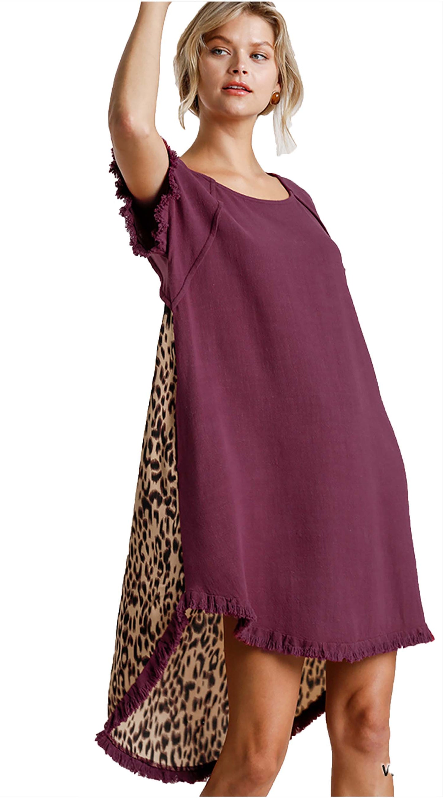 Color block Linen Blend Round Neck Leopard Print  Dress