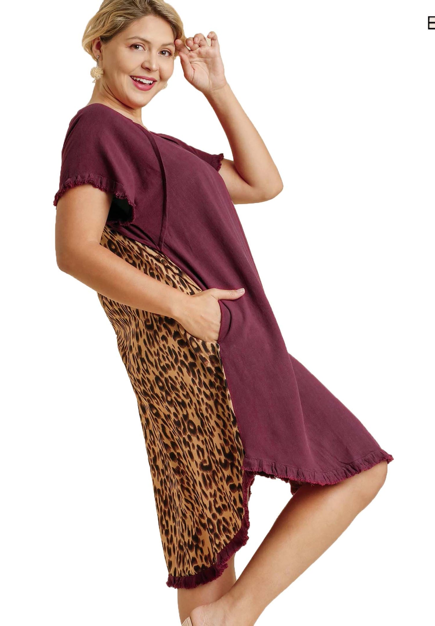 Color block Linen Blend Round Neck Leopard Print  Dress