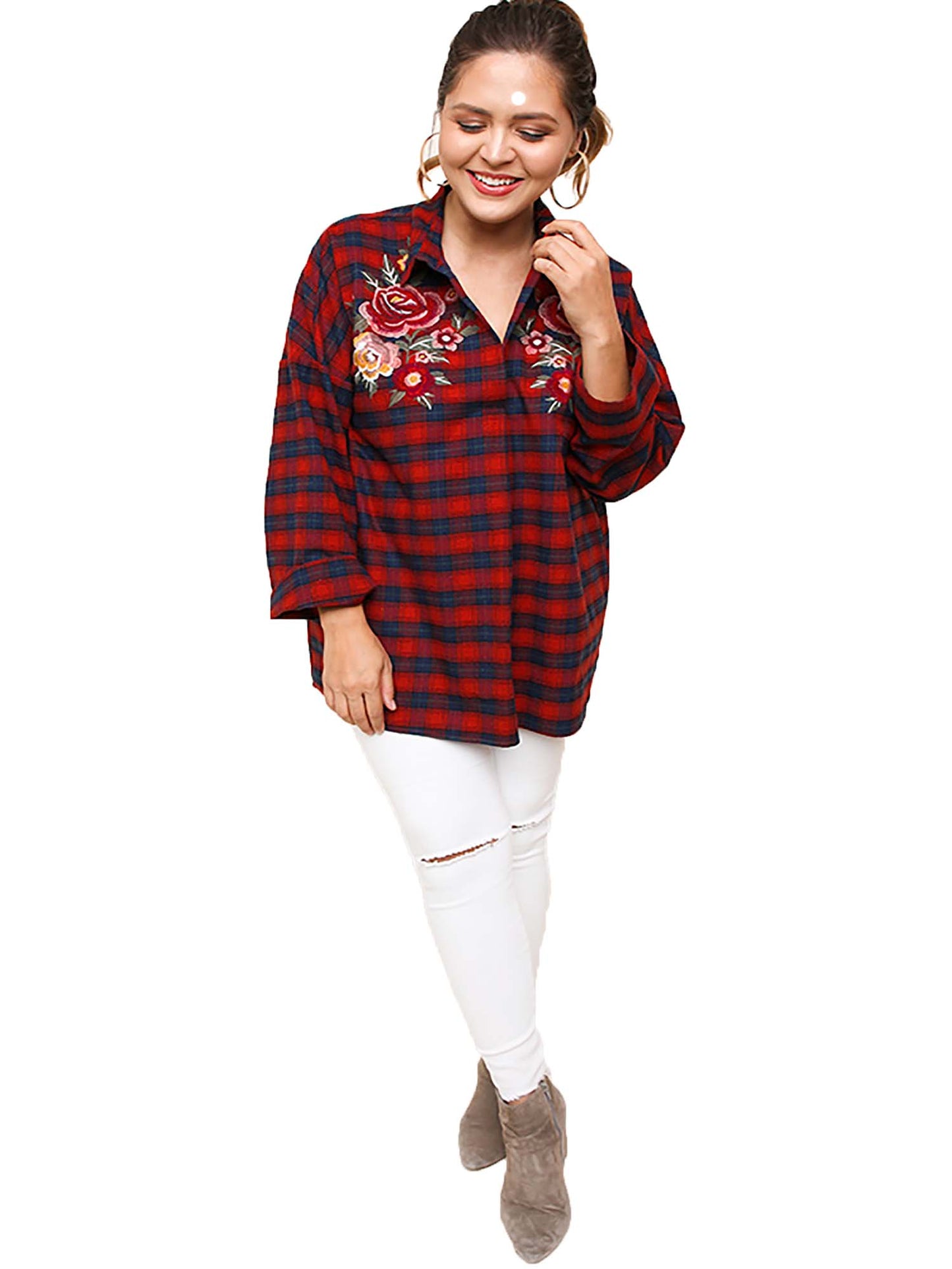 Flannel Tunic Embroidered Flowers