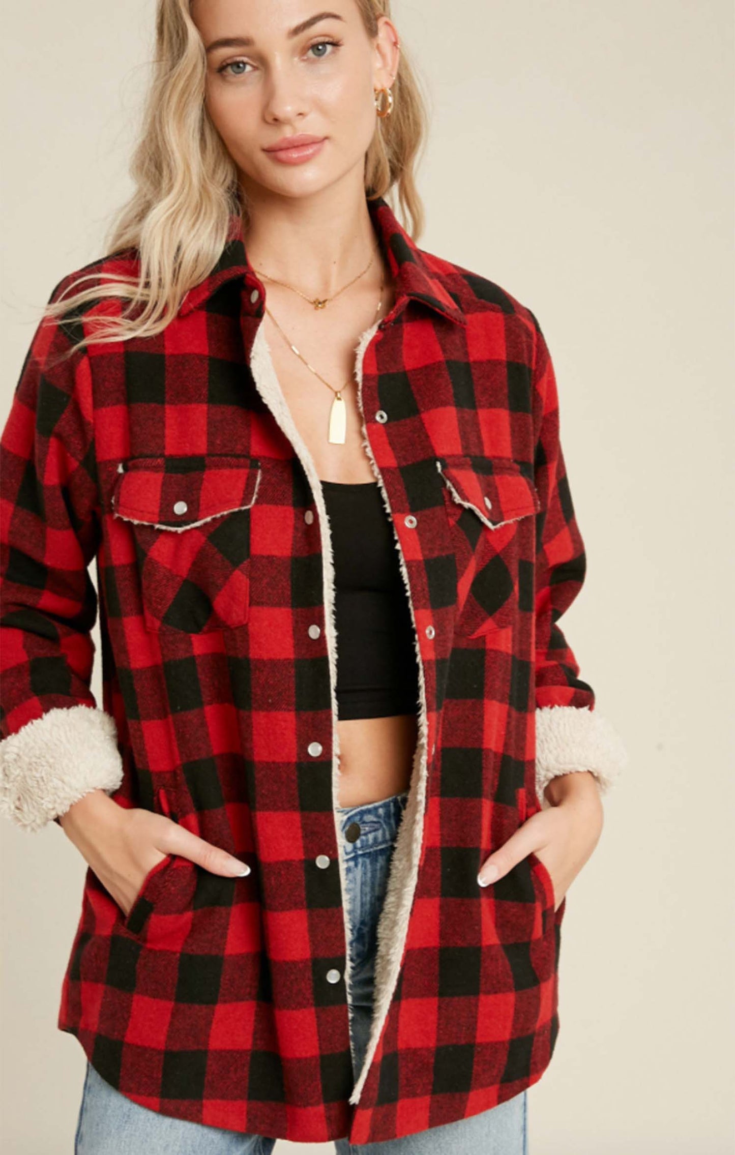 Buffalo Plaid Sherpa Lined Shirt Jacket Shacket