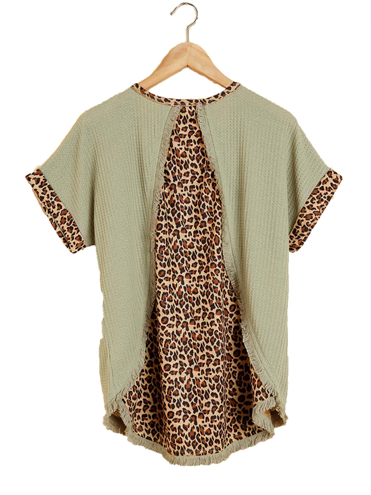 Waffle Knit cap sleeve top with Leopard and Frayed Hem