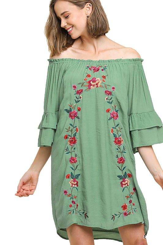 Bohemian Style Embroidered  off shoulder dress