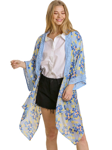 Sheer Floral Print Open Front Kimono with Crochet Detail